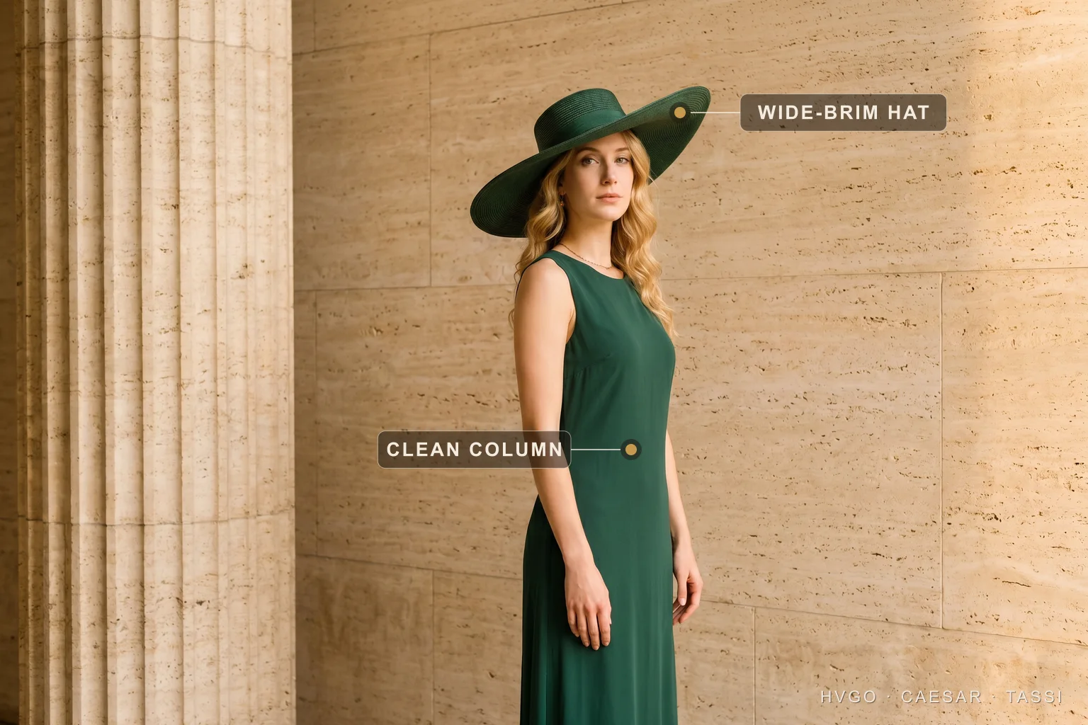 What to wear to Royal Ascot — wide-brim hat with a clean column — Hugo Caesar Tassi Bianca in a Hugo Caesar Tassi Verde Antico green wide-brim Royal Ascot hat and a clean floor-length green chiffon column maxi dress, standing in a three-quarter contrapposto turn off-centre beside a fluted travertine column, labelled to show the wide-brim hat and the clean single-colour column, in a warm Roman travertine setting