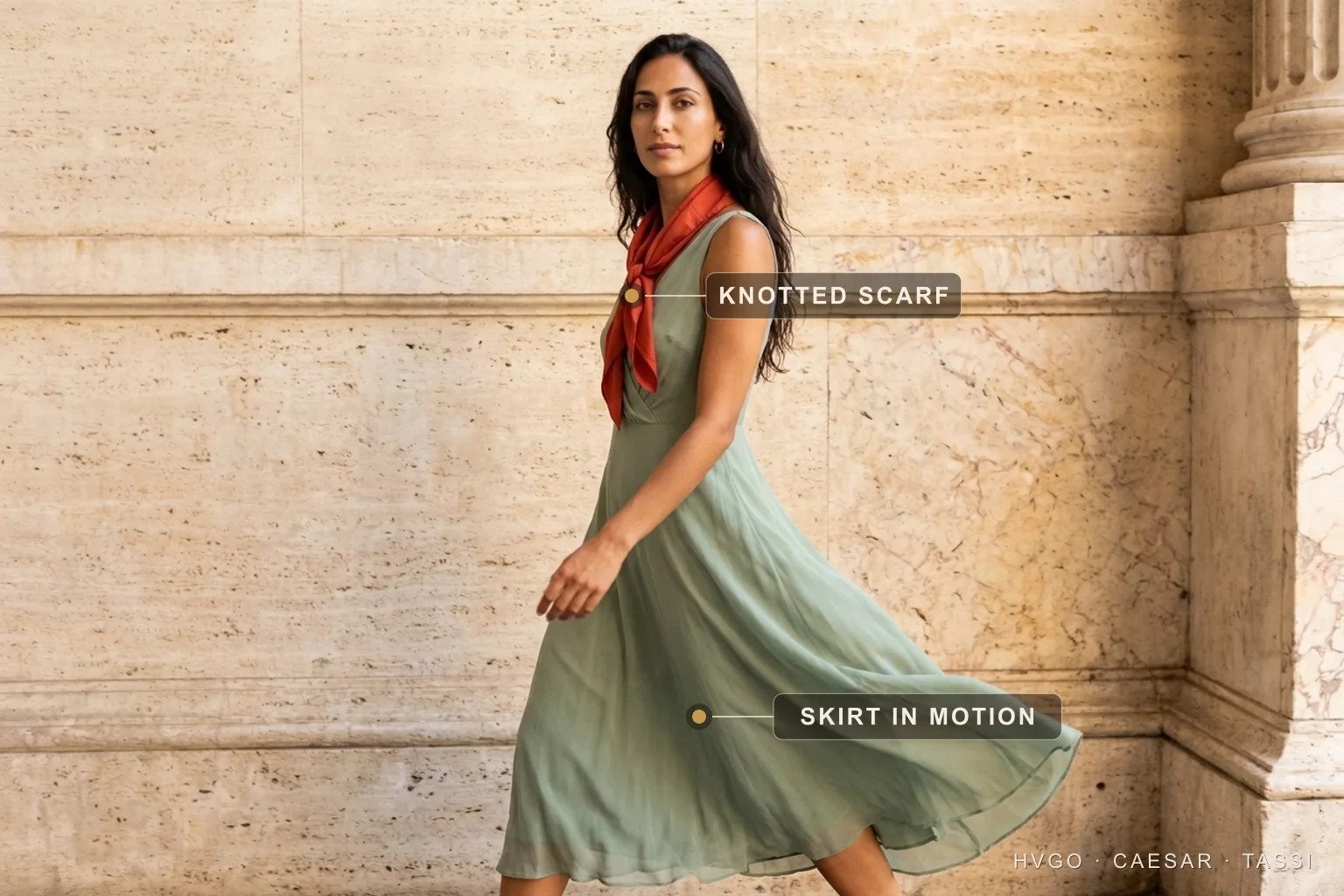 La bella figura — sprezzatura, the one undone touch on a sage chiffon midi — Hugo Caesar Tassi Chiara, a dark-haired Hugo Caesar Tassi house model, in a soft Verde-Antico sage chiffon midi with a single Vermiglio-red silk scarf knotted at the throat, caught walking mid-stride with the chiffon skirt swinging, labelled to show the knotted scarf as the one undone touch and the skirt in motion along a Roman travertine colonnade