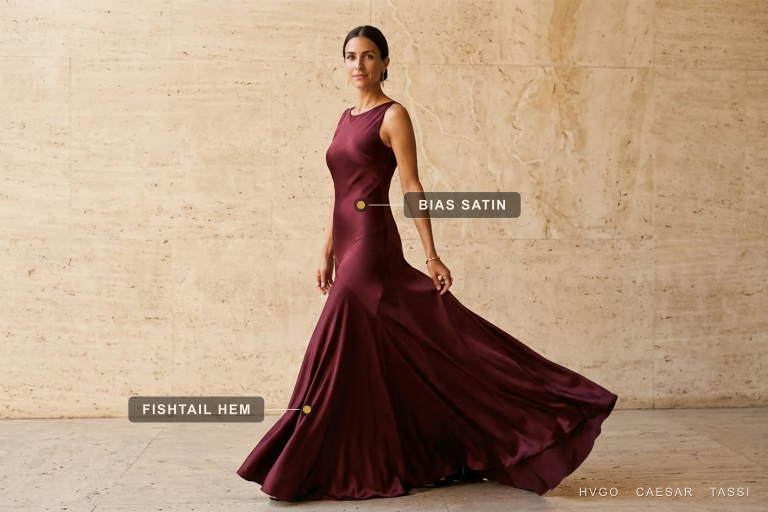 Black-tie fishtail satin gown for women — gala-scale evening drama — Hugo Caesar Tassi Marisol in a Hugo Caesar Tassi Porpora deep-wine bias-cut satin fishtail evening gown, captured walking mid-stride across a Roman travertine hall with the hem swinging, labelled to show the lustrous bias satin at the hip and the fishtail flaring out below the knee