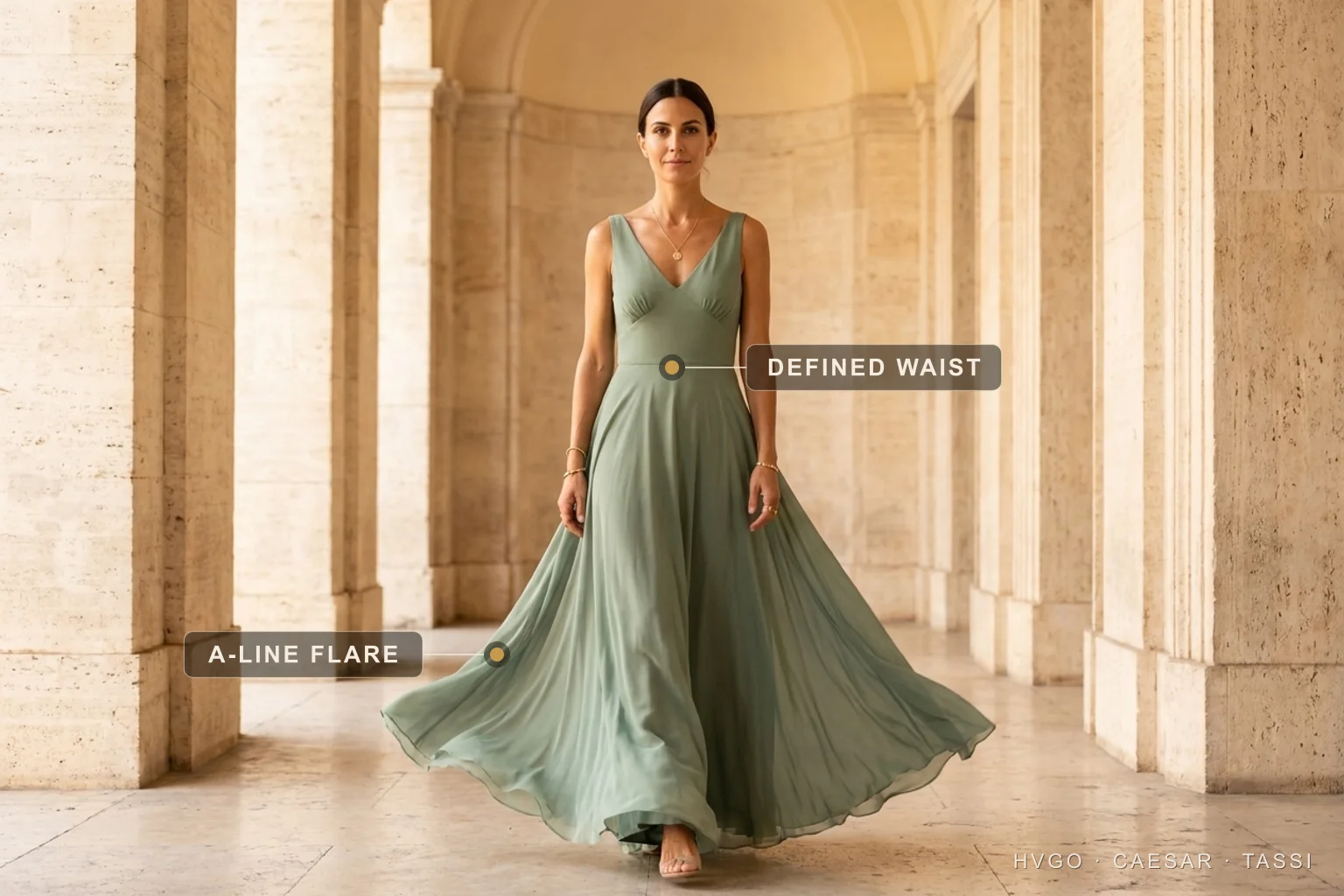 How to choose a dress — match the silhouette to your frame — Hugo Caesar Tassi Marisol, a Hugo Caesar Tassi house model with a dark centre-part, walking mid-stride toward camera in a Verde Antico sage-green chiffon A-line gown, the skirt swinging out in motion, labelled to show the defined waist seam and the A-line flare, in a sunlit Roman travertine loggia
