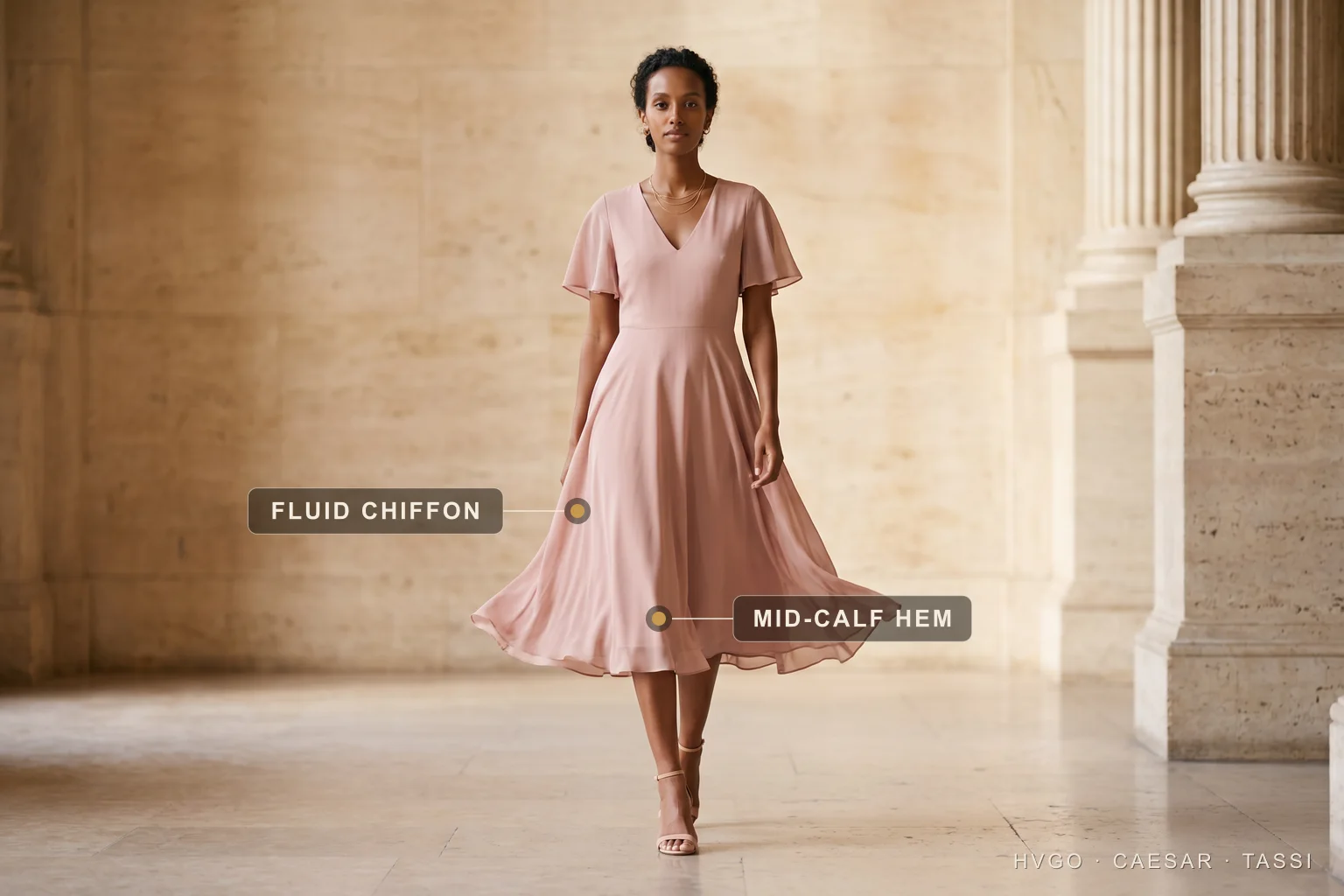 A fluid chiffon cocktail dress for women — Hugo Caesar Tassi Aisha walking mid-stride in a Hugo Caesar Tassi dusty-pink fluid chiffon A-line cocktail dress with flutter sleeves, the skirt caught in motion, labelled to show the fluid chiffon and the mid-calf hem, in a sunlit Roman travertine hall