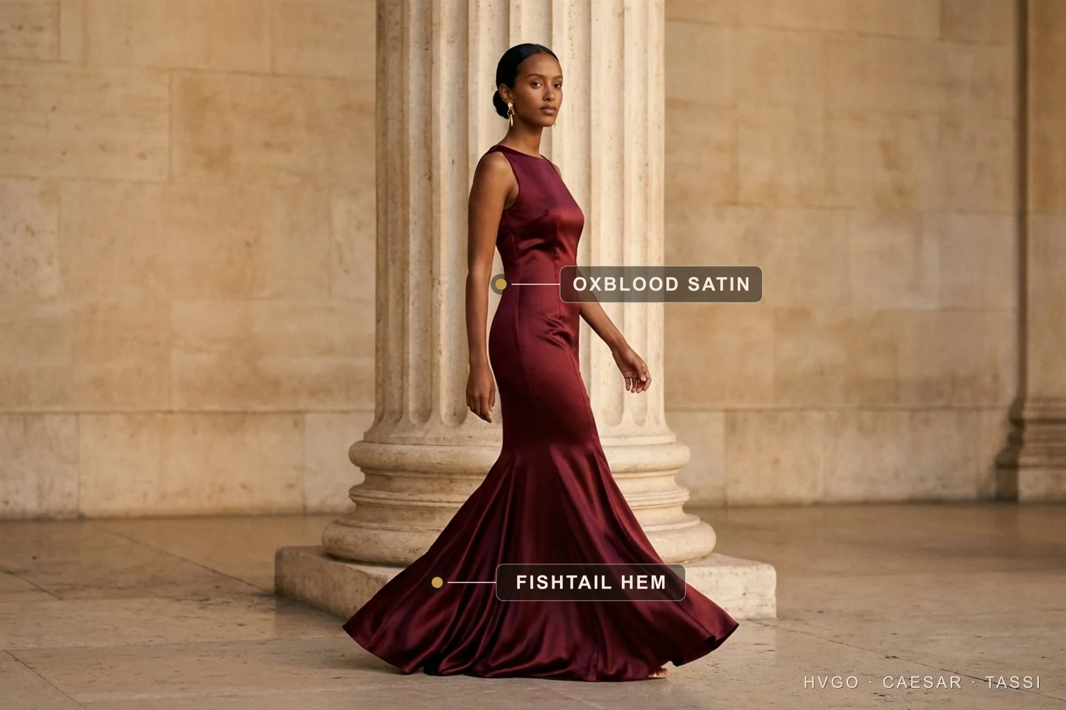 Aisha, an Ethiopian Hugo Caesar Tassi house model, walking mid-stride in side profile in a floor-length oxblood satin fishtail gown that flares into a sweeping trumpet hem, labelled to show the oxblood satin and the fishtail hem, among fluted travertine columns in golden Roman daylight