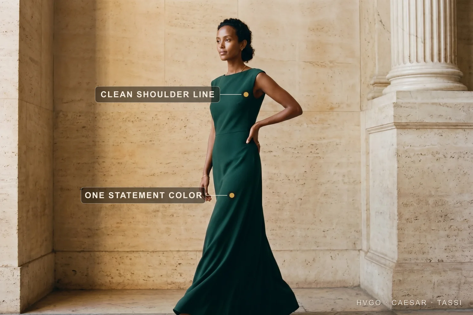 How to dress elegantly: one statement color and a clean shoulder line — Hugo Caesar Tassi Aisha, a Hugo Caesar Tassi house model, walking beside a fluted travertine column in a floor-length Verde Antico deep-green matte-crepe column gown, labelled to show the clean shoulder line and the single statement colour, in a sunlit Roman colonnade