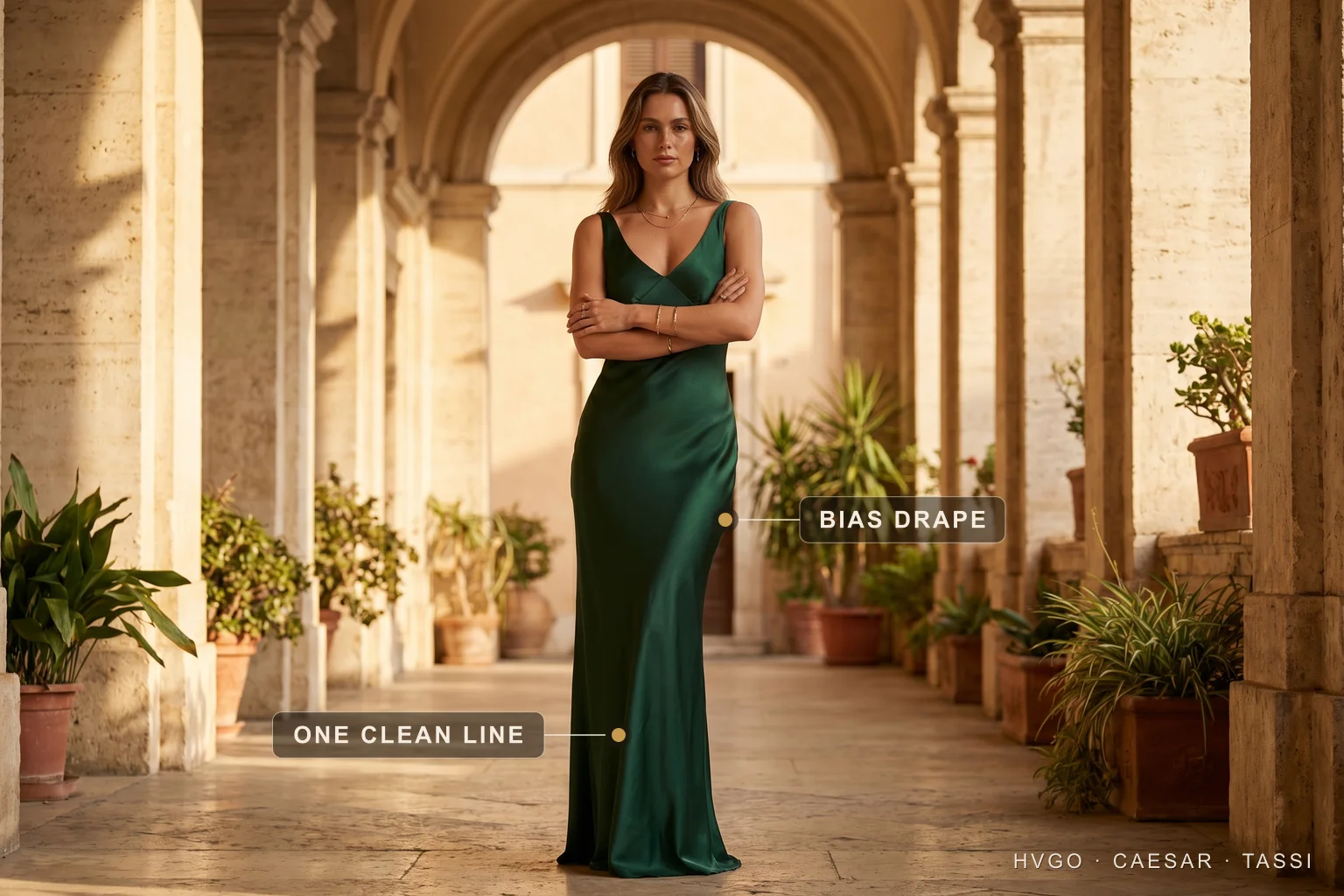 Bias-cut column gown for an hourglass figure — Hugo Caesar Tassi A woman with an hourglass figure in a Hugo Caesar Tassi emerald bias-cut satin column gown in a Roman loggia, labelled to show the bias-cut line following the curve in one unbroken column