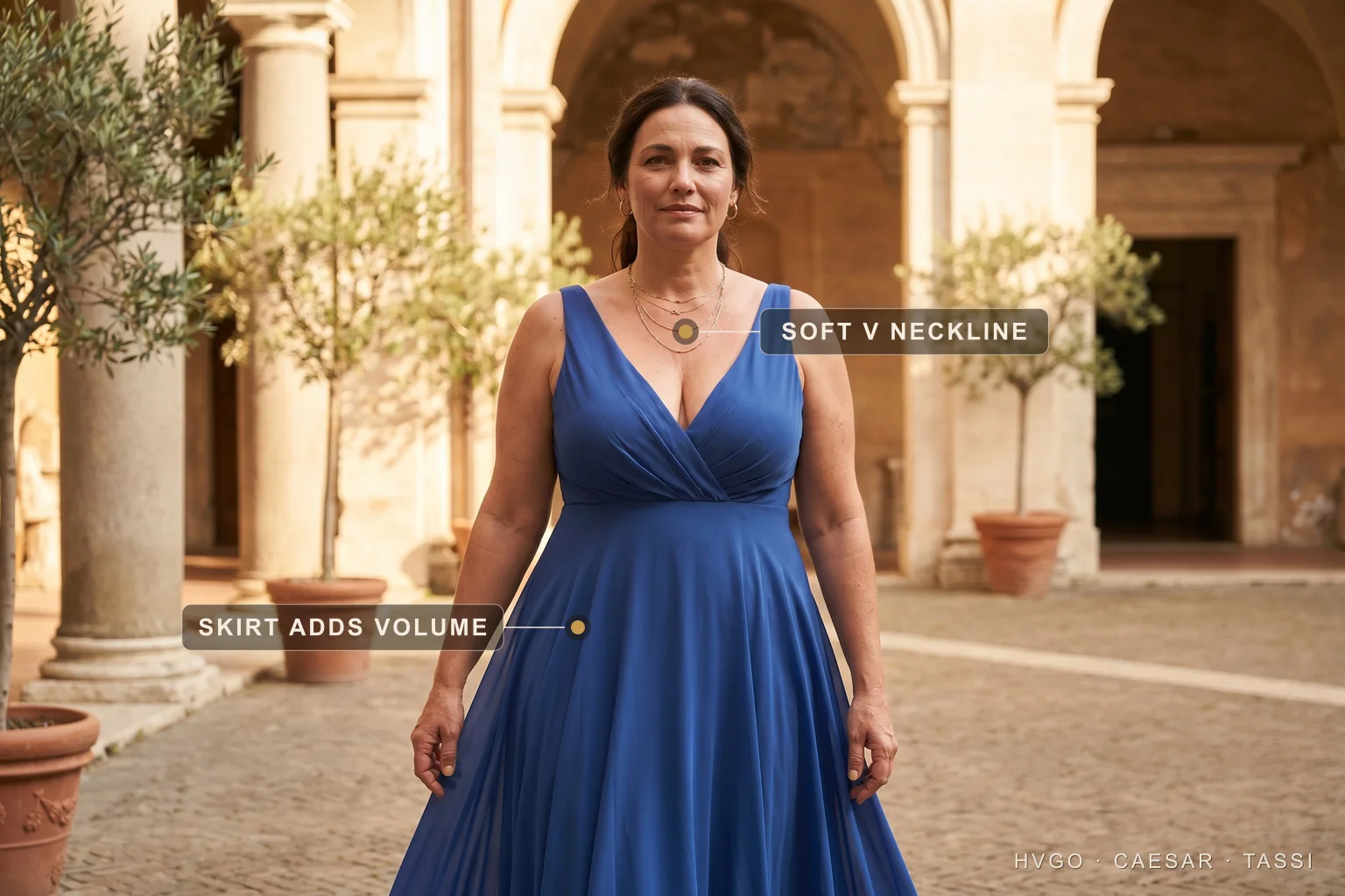 Soft-V A-line gown for an inverted-triangle figure — Hugo Caesar Tassi A woman with an inverted-triangle figure in a Hugo Caesar Tassi sapphire chiffon A-line gown in a Roman courtyard, labelled to show the soft V-neckline narrowing the shoulder and the full skirt adding hip volume