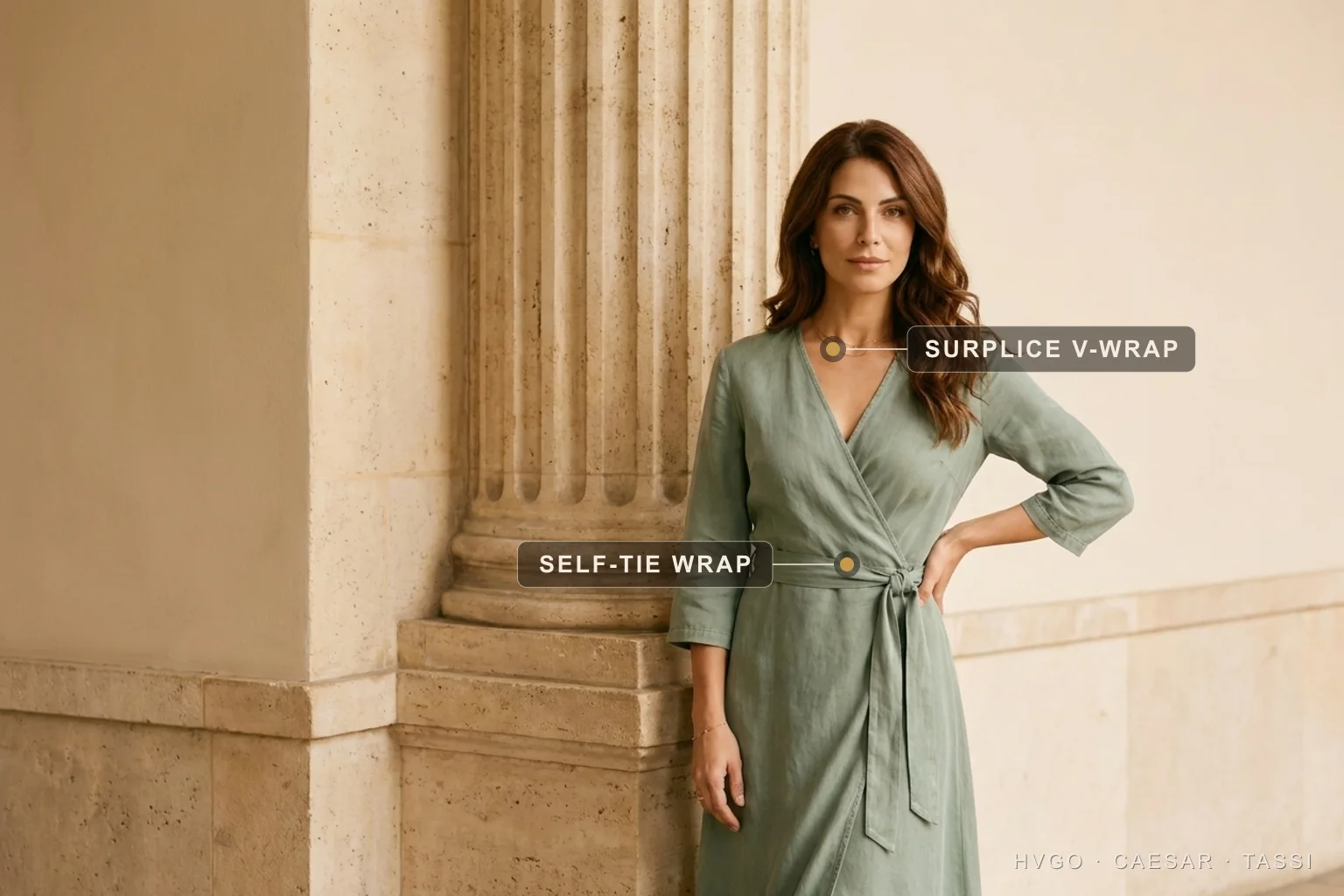 A chestnut-haired woman in a Hugo Caesar Tassi Verde Antico faded sage-green Tencel-linen wrap day dress with three-quarter sleeves, standing hand-on-hip in contrapposto off-centre beside a fluted Roman travertine column, labelled to show the surplice V-wrap neckline and the self-tie wrap knotted at the waist