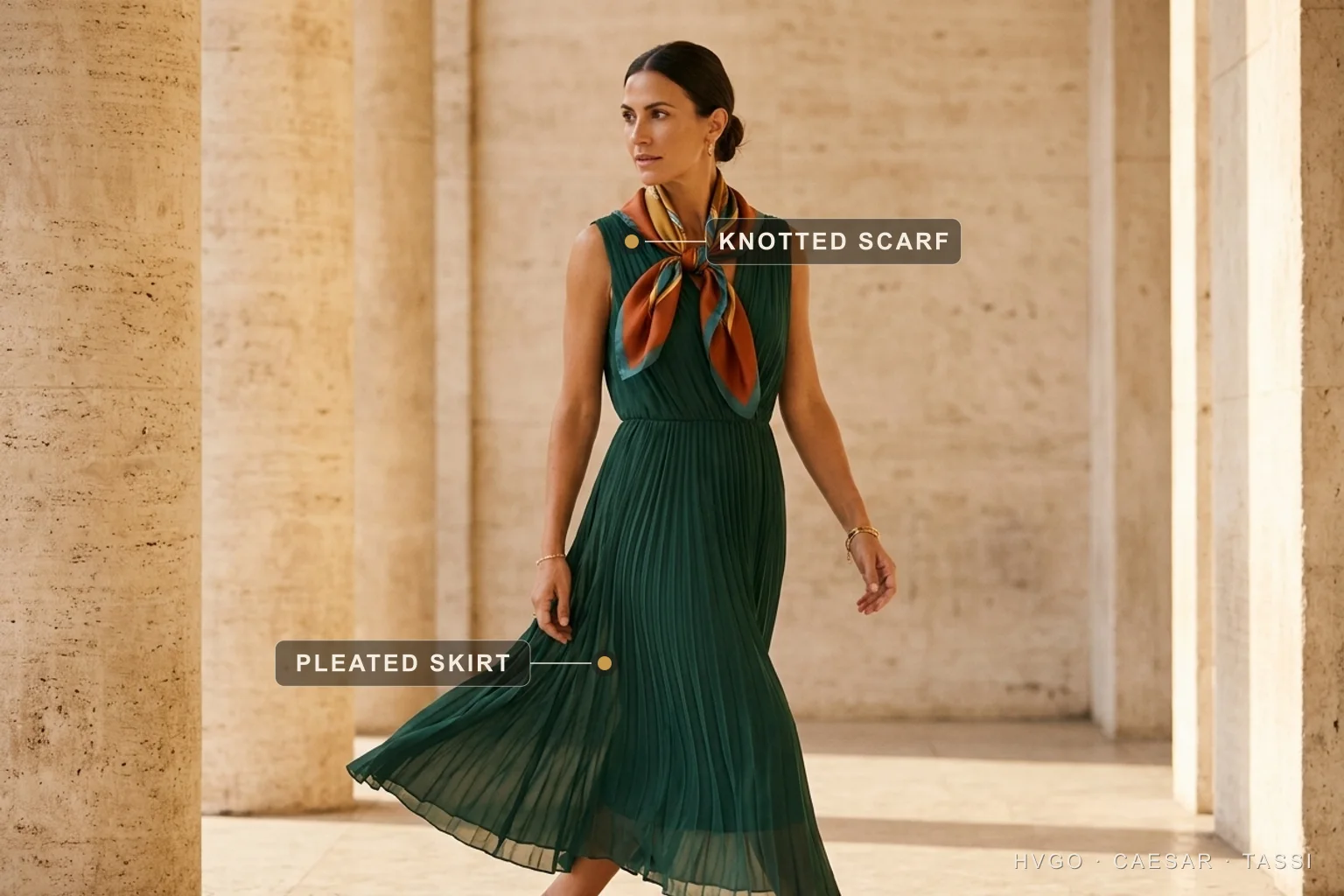 Italian vs French style — saturated Italian color and the neatly knotted scarf — Hugo Caesar Tassi Marisol, a Spanish-Italian house model, walking mid-stride through a sunlit Roman travertine colonnade in a Hugo Caesar Tassi Verde-Antico deep-green knife-pleated chiffon column dress with the skirt caught in motion, a richly knotted silk square scarf at the neck, labelled to show the knotted scarf as the single statement colour and the pleated chiffon skirt swinging — expressive yet disciplined Italian color