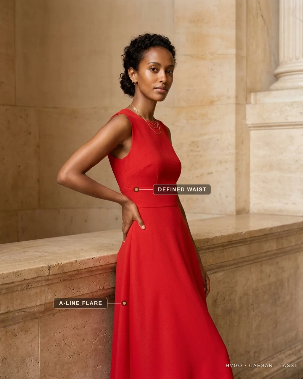 Italian vs French style — the body-skimming Italian cut and defined waist — Hugo Caesar Tassi Aisha, an Ethiopian house model, in a Hugo Caesar Tassi Vermiglio saturated-red matte-crepe A-line midi dress, one hand on her hip leaning against a warm travertine ledge in three-quarter profile, labelled to show the nipped defined waist seam and the A-line skirt flaring cleanly from the waist — the body-skimming intentional Italian cut