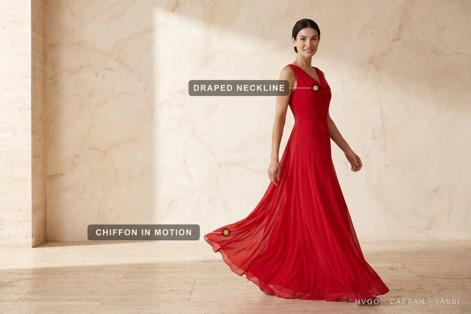 Vermiglio red chiffon maxi for a Southern Italian wedding — Hugo Caesar Tassi Italian wedding guest Giulia walking mid-stride in a vivid Vermiglio jewel-red chiffon maxi with a soft draped neckline, the lightweight skirt caught in motion against sun-washed travertine, labelled to show the draped neckline and the chiffon in motion in a warm Roman setting — the exuberant Southern answer