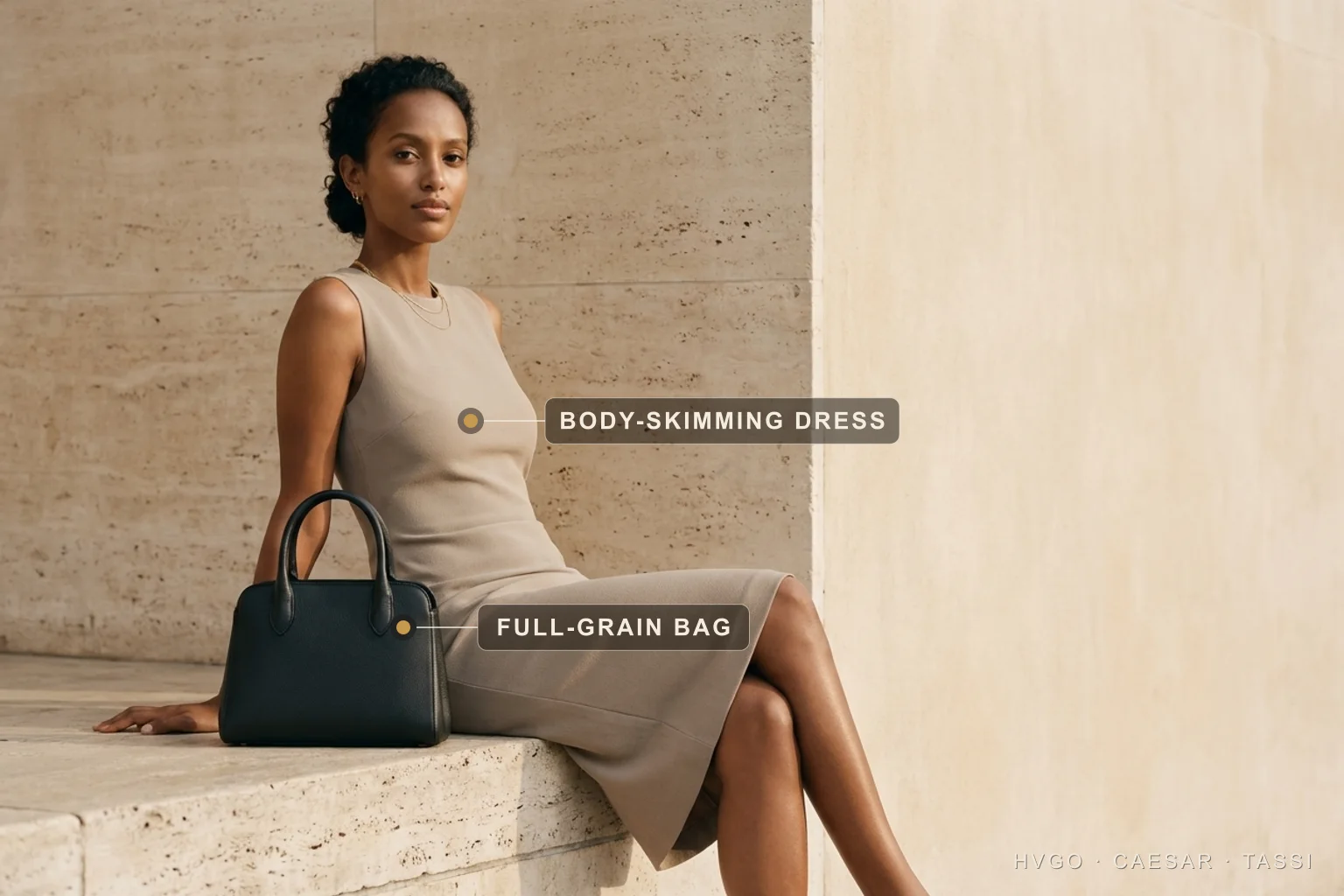 Aisha, an Ethiopian woman with natural dark curls, seated and leaning in contrapposto on a travertine ledge in a Hugo Caesar Tassi body-skimming stone-greige crepe day dress at the knee with a structured basalt-black full-grain leather top-handle bag beside her, labelled to show the full-grain bag and the body-skimming dress, off-centre against an open Roman travertine wall