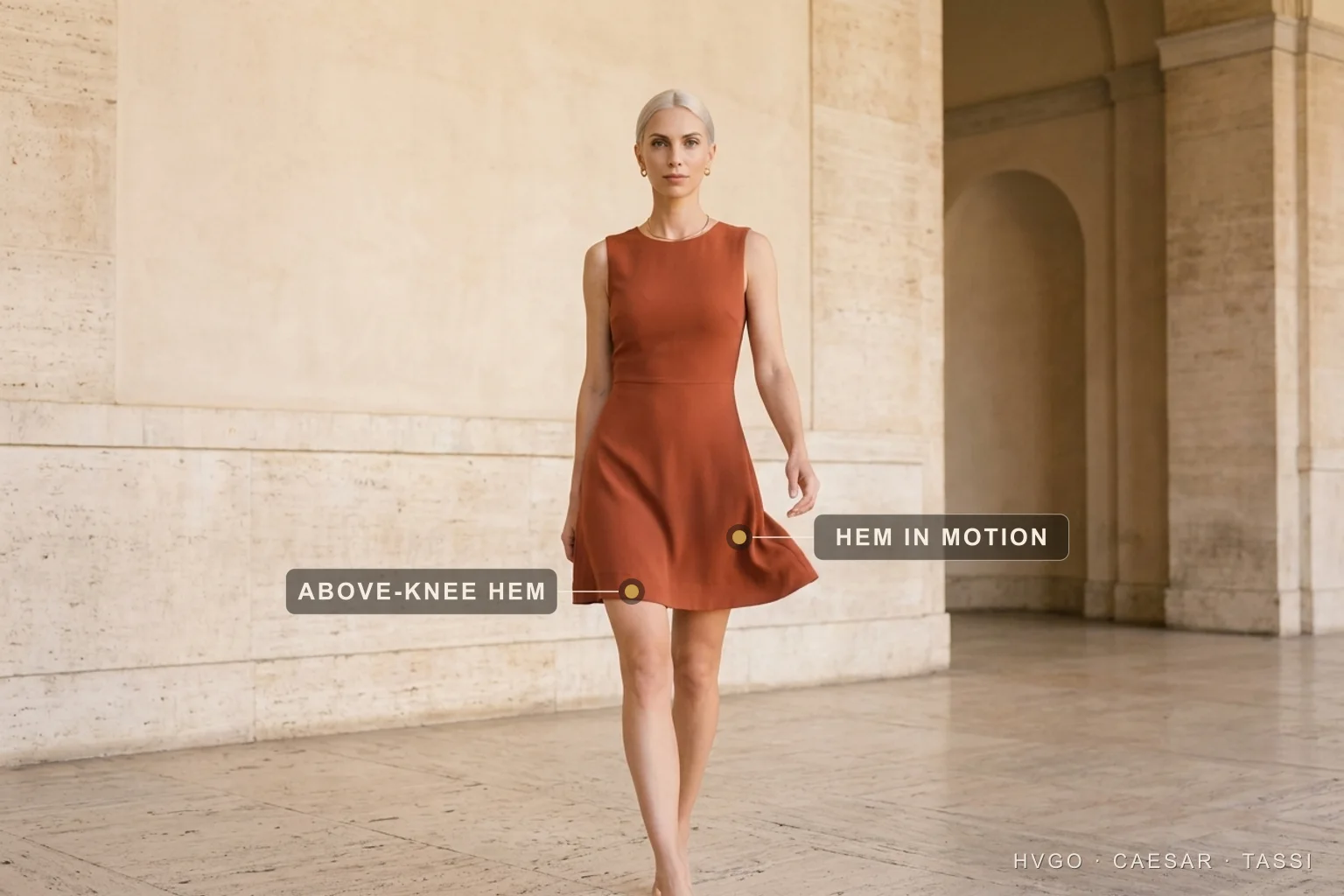 Mini Dress Length: Where the Above-Knee Hem Falls — Hugo Caesar Tassi Valentina walking mid-stride toward camera in a terracotta burnt-sienna mini dress in a warm Roman travertine archway, the baked markers flagging the above-knee hem and the skirt hem caught in motion.