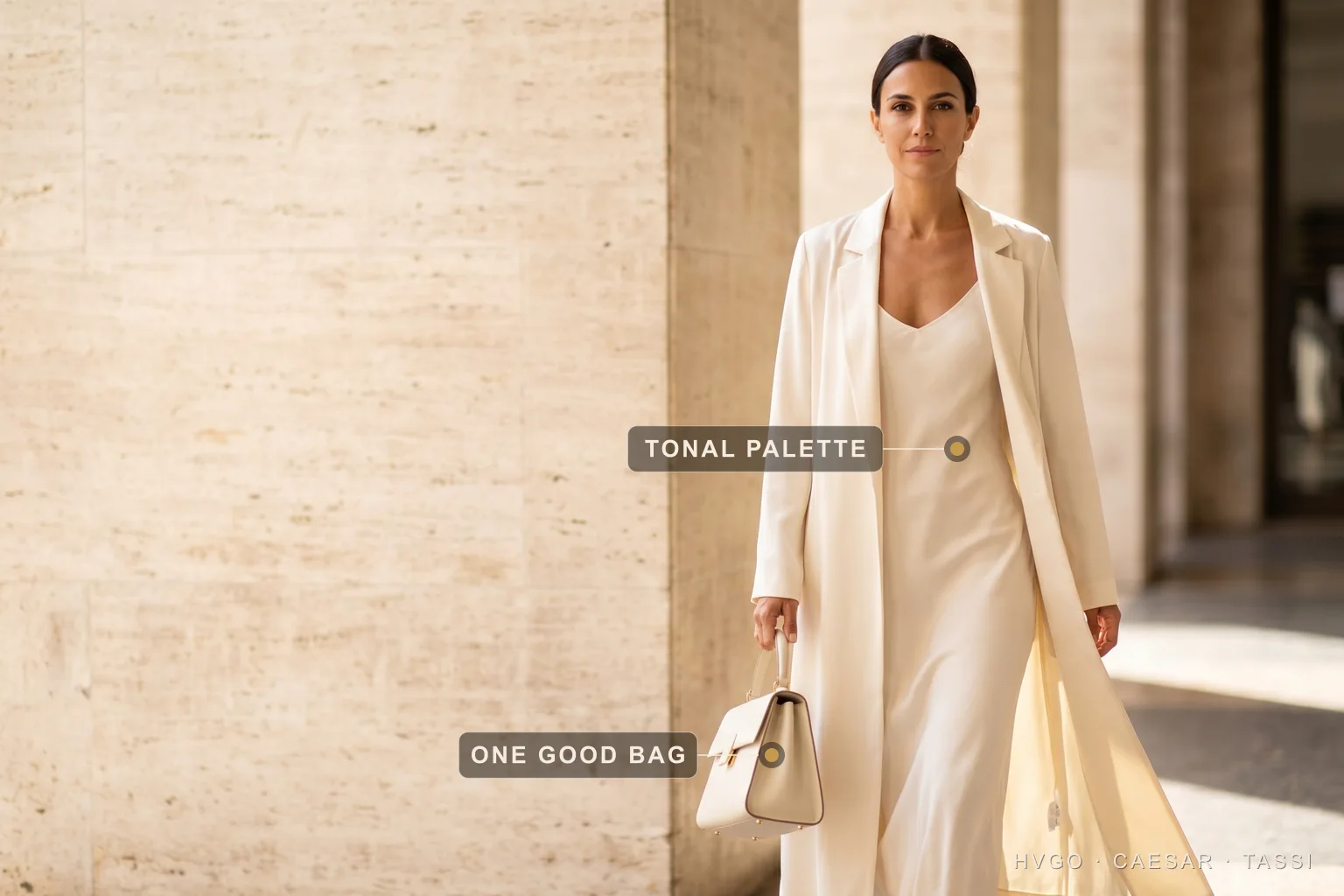 How to look expensive: tonal ivory dressing and one good bag — Hugo Caesar Tassi Marisol, a dark-haired Hugo Caesar Tassi house model, dressed head-to-toe tonally in Avorio ivory — a fluid viscose midi under a long ivory coat — walking mid-stride carrying one structured ivory leather top-handle bag, labelled to show the single tonal palette and the one good bag, along a warm Roman travertine passage