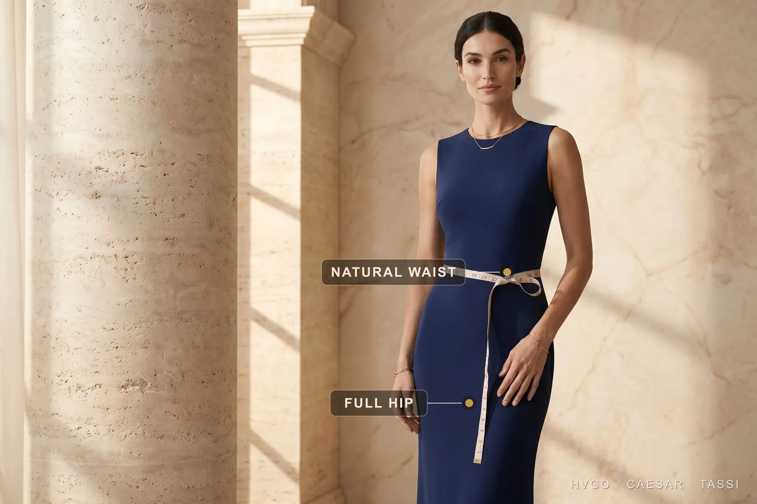 Where bust, waist and hip fall on a fitted gown — Hugo Caesar Tassi Model in a fitted navy column gown with a soft tape measure at her waist; gilt labels mark the natural waist where the tape sits and the full hip lower on the skirt, showing where the three core dress measurements fall.
