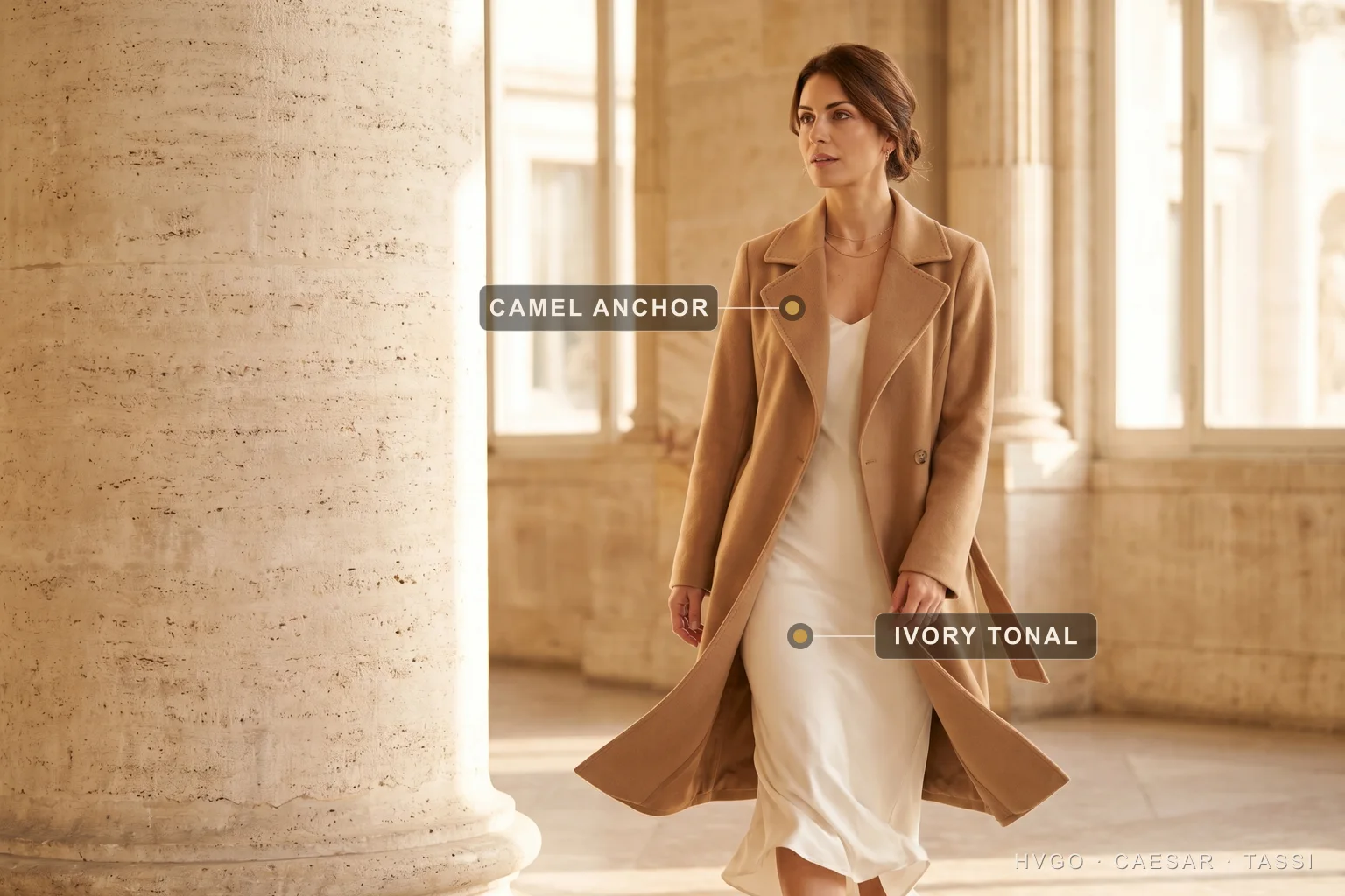 Camel and ivory old-money colour palette — Hugo Caesar Tassi A warm-toned woman in a camel wool wrap coat over an ivory column dress, walking past a travertine column in a sunlit Roman interior, labelled to show the camel anchor and the ivory tonal layer