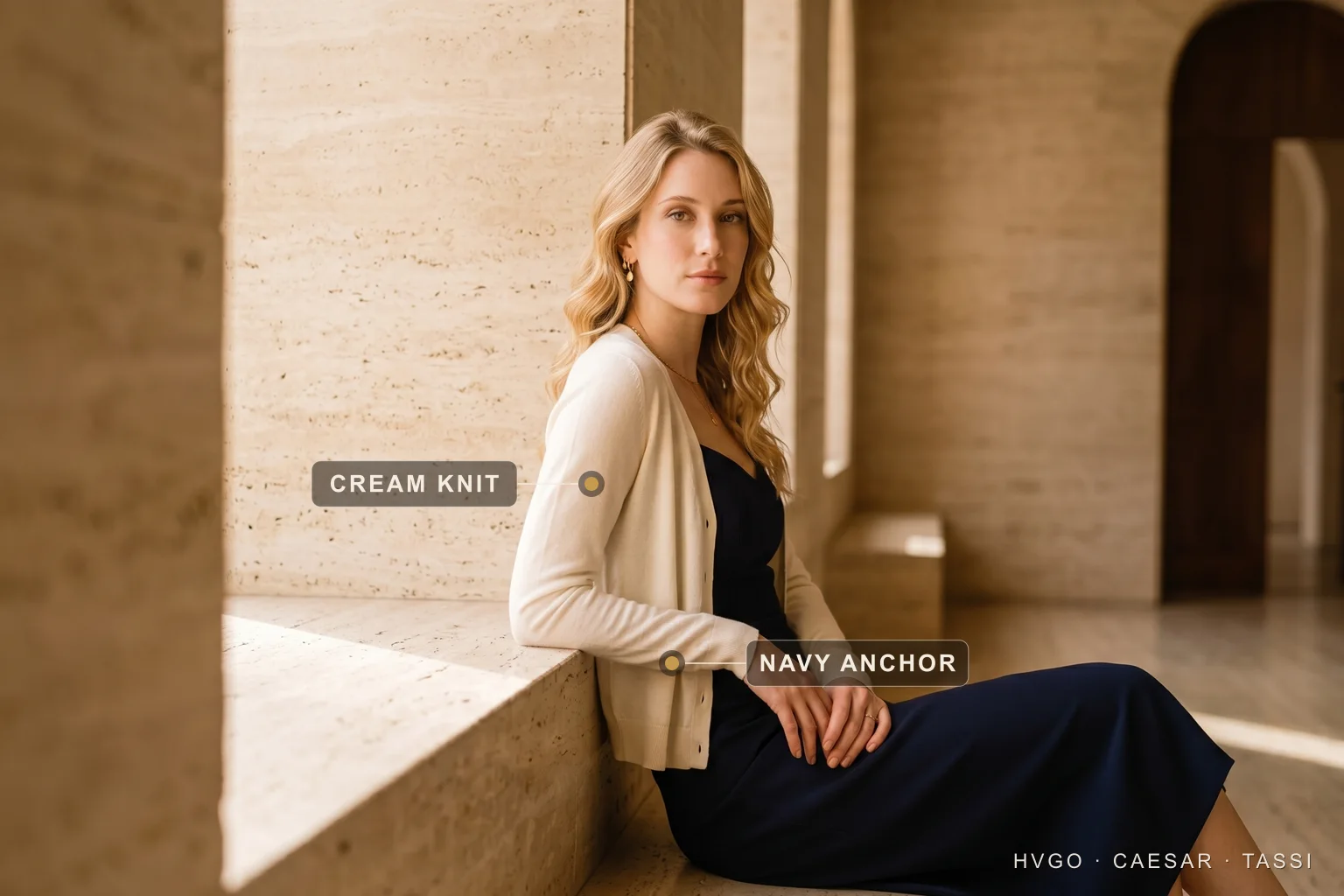 Navy and cream old-money colour palette — Hugo Caesar Tassi A cool-toned blonde woman in a navy crepe midi with a cream knit over the shoulders, leaning on a travertine ledge, labelled to show the cream knit layer and the navy anchor