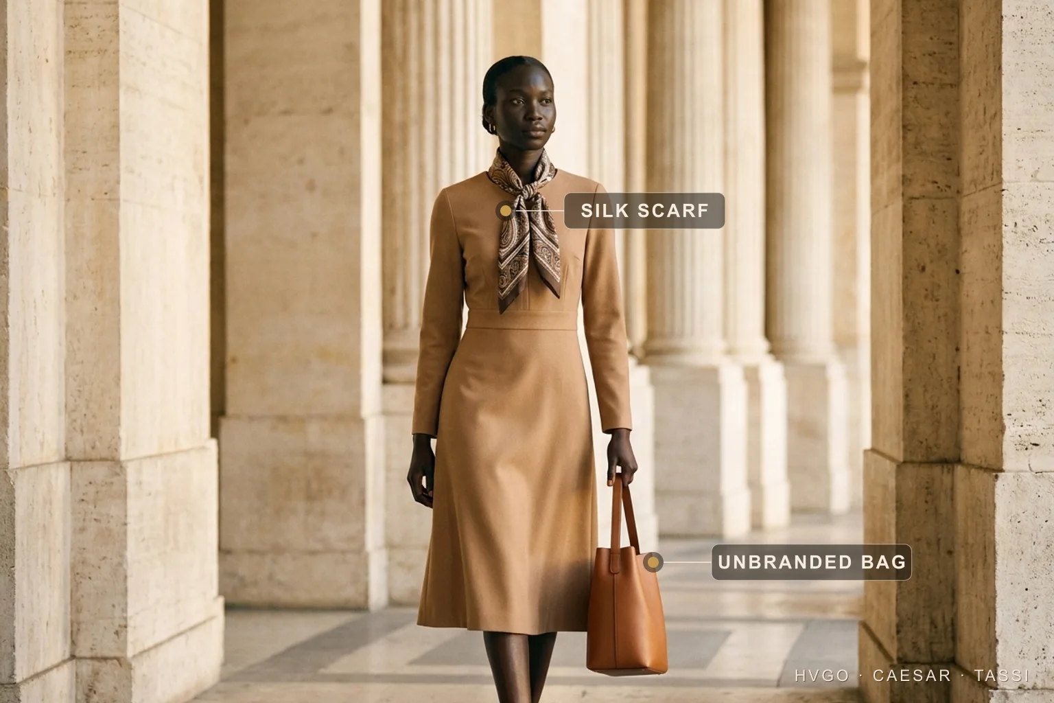 Old money camel day dress with a silk scarf and unbranded leather bag — Hugo Caesar Tassi Amara, a West African Hugo Caesar Tassi house model with a sleek low chignon, walking mid-stride through a warm Roman travertine colonnade in a covered camel matte-wool long-sleeved day dress, a knotted patterned silk scarf at her neck and a tan full-grain leather bag held by the handles in one hand, labelled to show the silk scarf at the neck and the unbranded leather bag, in golden Roman daylight
