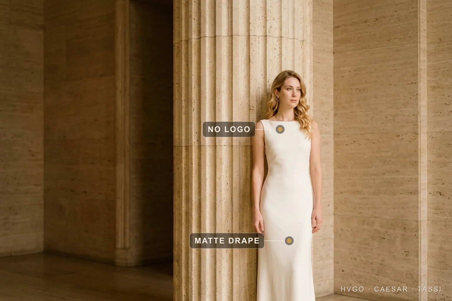 Old money ivory column gown — the logo-free matte-drape line — Hugo Caesar Tassi Bianca, a golden-blonde Hugo Caesar Tassi house model, in an Avorio ivory matte-crepe column gown with a high bateau neckline, standing against a fluted travertine column in a sunlit Roman colonnade, labelled to show the logo-free bateau neckline and the matte drape falling clean down the column skirt