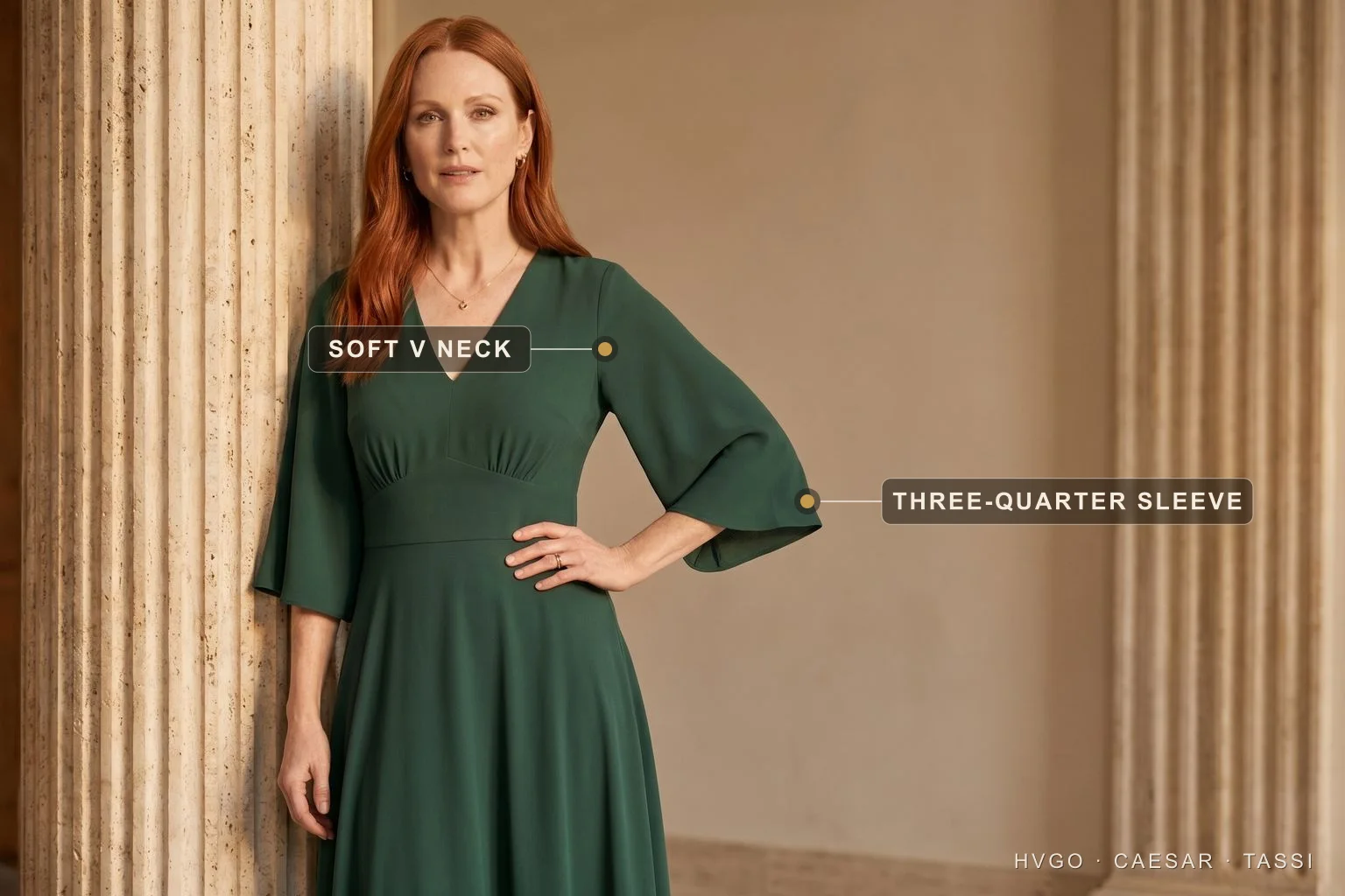 Elegant occasion dress over 50 with three-quarter sleeve and soft V neckline | Hugo Caesar Tassi Mature woman over 50 in a forest-green matte-crepe occasion dress, annotated with a gilt dot on the soft V neckline and on the flared three-quarter sleeve.