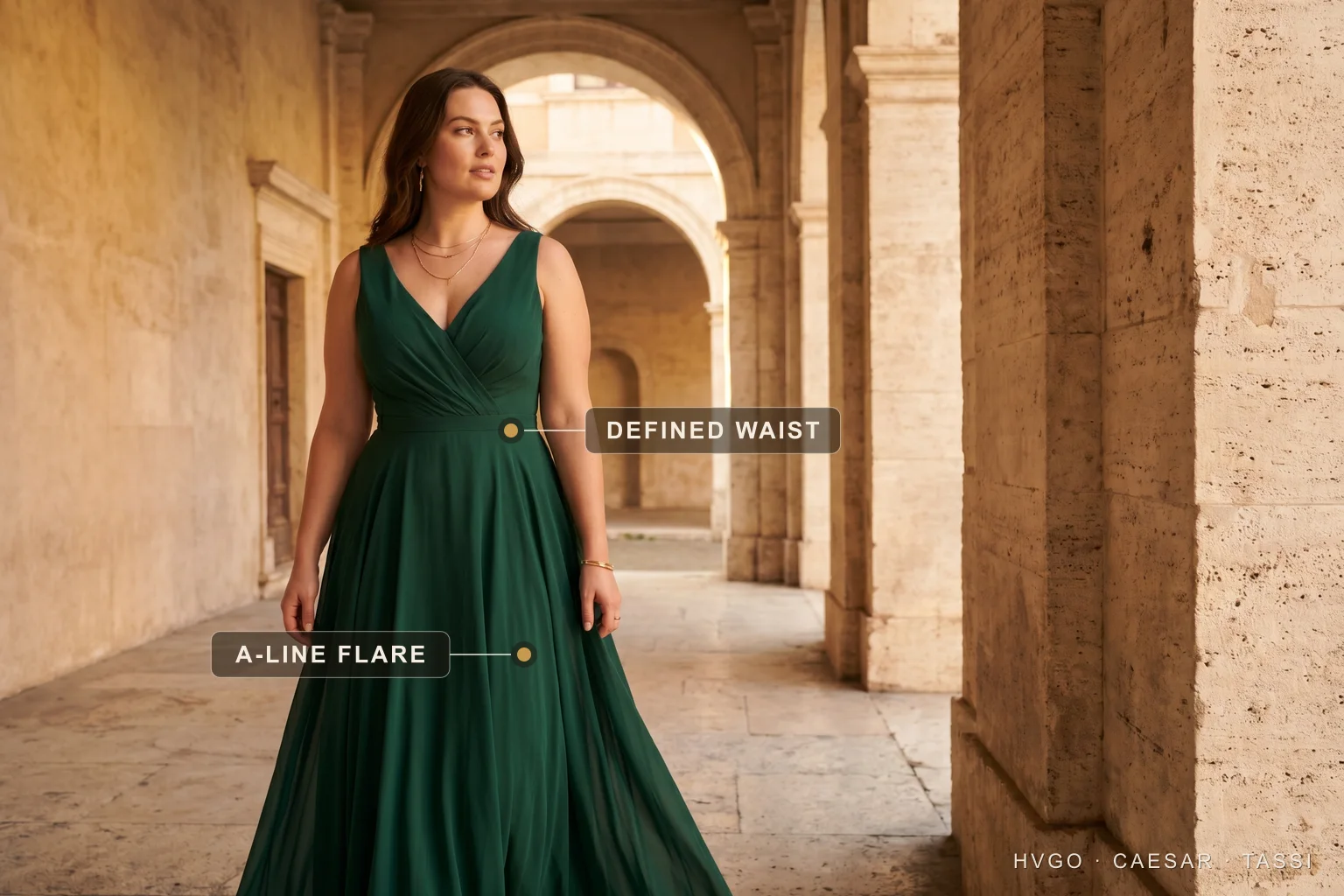 Fit-and-flare gown for a pear body shape — Hugo Caesar Tassi A woman with a pear body shape in a Hugo Caesar Tassi emerald fit-and-flare chiffon gown in a Roman loggia, labelled to show the defined waist and the skirt flaring clear of the hip