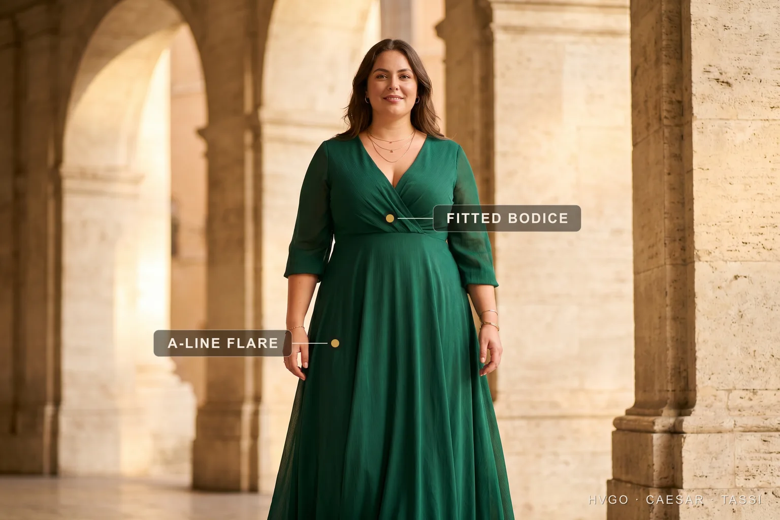 Plus-size A-line fit-and-flare dress in green — Hugo Caesar Tassi A confident plus-size woman in a Hugo Caesar Tassi emerald-green A-line fit-and-flare dress in a Roman loggia, labelled to show the fitted bodice and the A-line skirt flaring clear of the hip