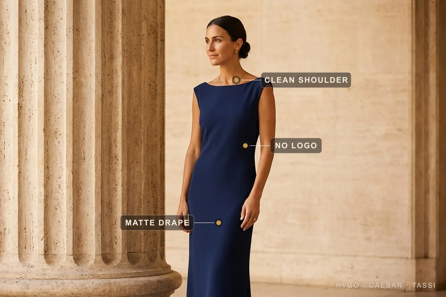 Quiet luxury explained — matte drape, clean shoulder and no logo on a navy crepe column — Hugo Caesar Tassi Marisol in a Hugo Caesar Tassi deep Cobalto-navy matte fluid-crepe column gown, turned in a three-quarter contrapposto off-centre beside a fluted Roman travertine column, labelled to show the clean shoulder line, the bare logo-free torso and the matte drape falling from the hip