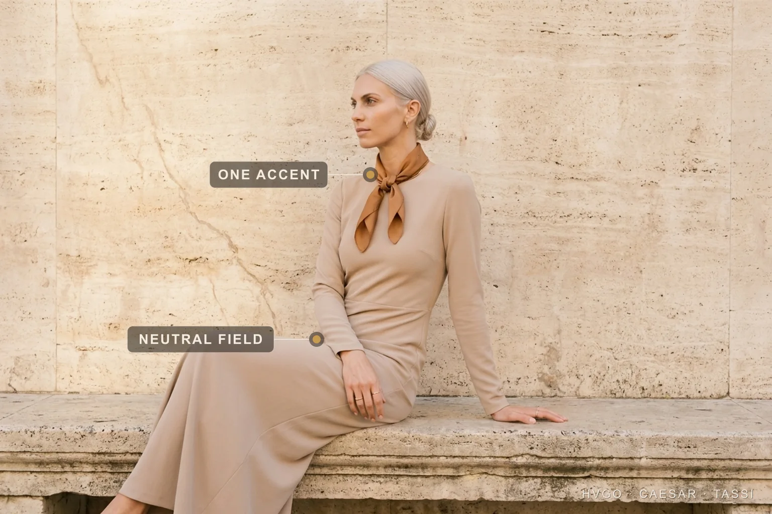 Quiet luxury palette — a neutral stone field with one restrained tan accent — Hugo Caesar Tassi Valentina in a tonal head-to-toe Hugo Caesar Tassi Travertine stone-beige matte-crepe column with a single Cuoio-tan silk scarf at the throat, seated and leaning on a low Roman travertine ledge, labelled to show the one restrained accent at the scarf and the neutral field of the gown