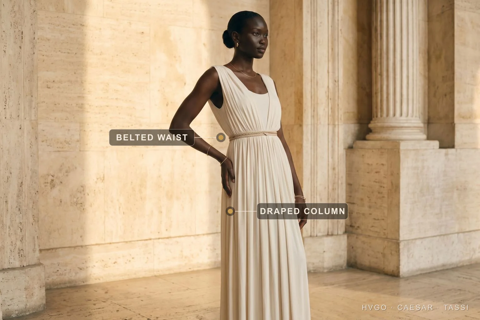 Stola-inspired draped column gown — Hugo Caesar Tassi Model in an ivory stola-inspired draped column gown, labelled with the gilt-cinched belted waist and the vertical-folded draped column skirt.