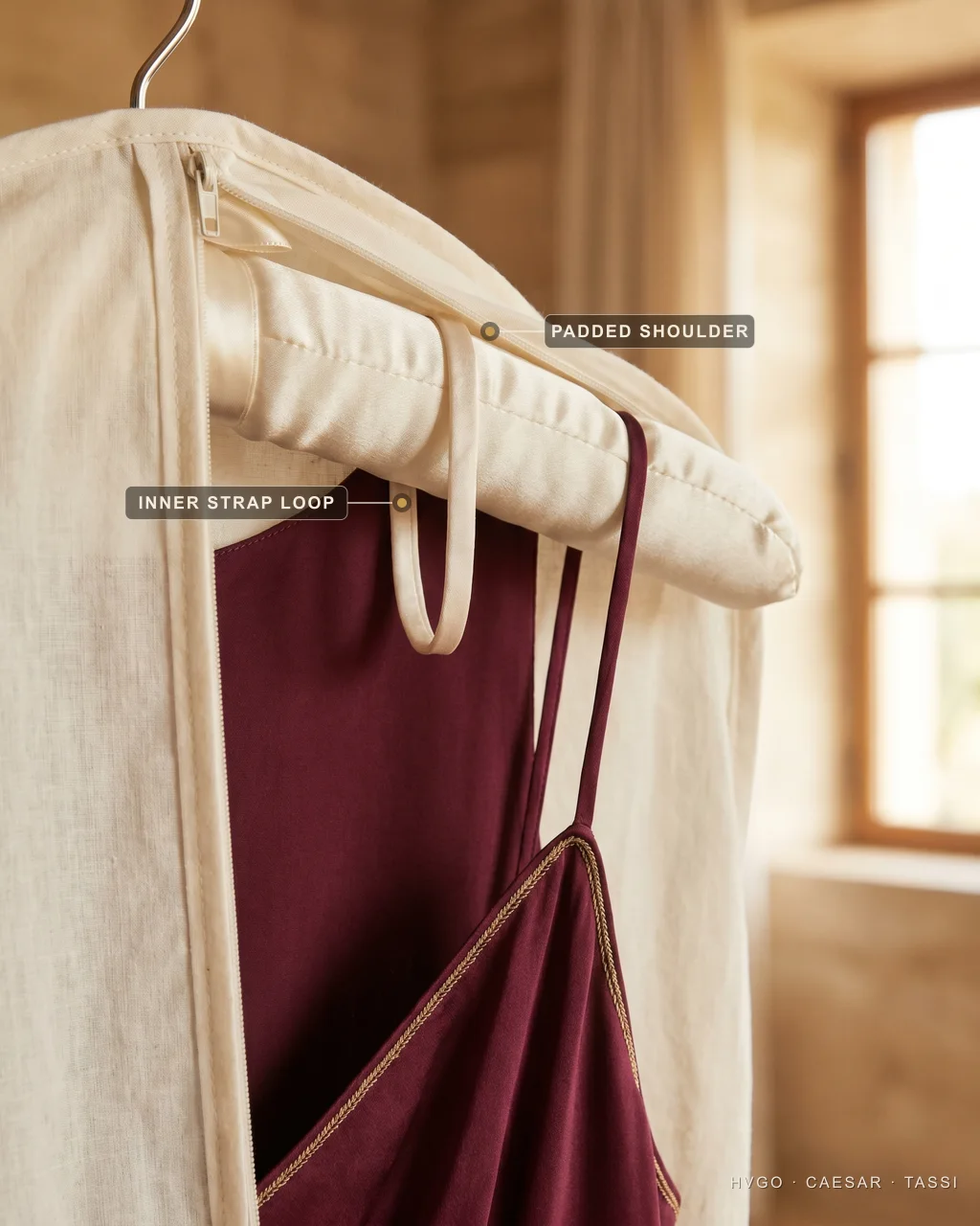 Hanging a gown by its inner straps on a padded form — Hugo Caesar Tassi Close-up of a wine-red gown hung inside a half-open cotton garment bag, its inner ribbon loop hooked over a broad padded shoulder form; labels mark the padded shoulder and the inner strap loop.