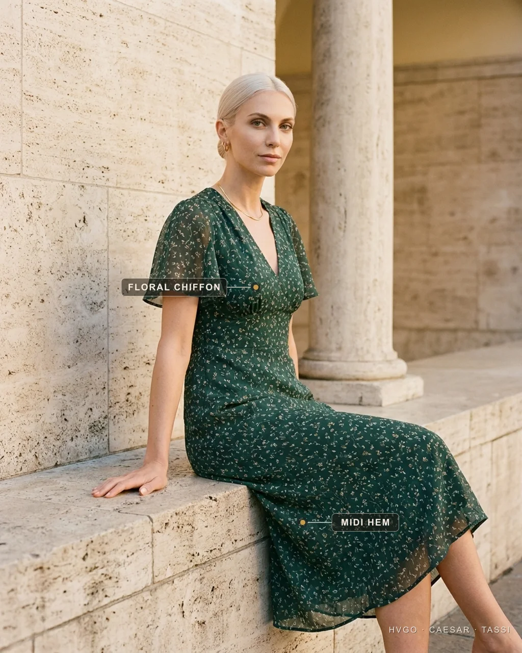 House model Valentina seated and leaning three-quarter on a travertine ledge in a Verde Antico antique-green floral-print chiffon midi with flutter sleeves, labelled to show the floral chiffon and the mid-calf midi hem, in warm Roman daylight — the walkable daytime length