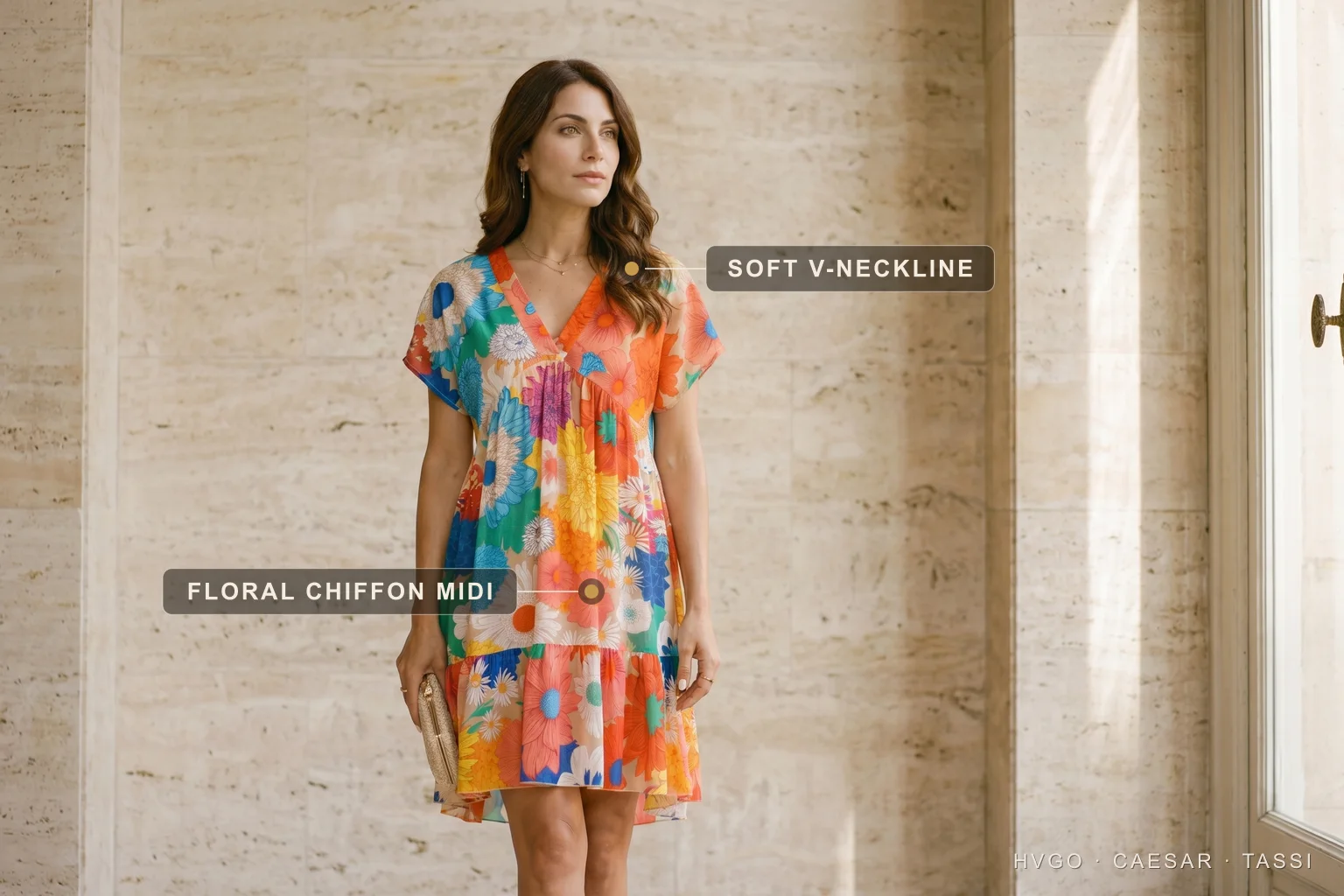 Cocktail wedding guest floral chiffon midi — Hugo Caesar Tassi A wedding guest in a Hugo Caesar Tassi floral-print chiffon midi with a soft V-neckline, holding a clutch in a Roman travertine setting, labelled to show the soft V-neckline and the floral chiffon midi — the most-printed code answered