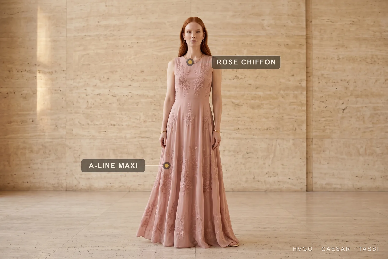 Garden party wedding guest A-line chiffon maxi — Hugo Caesar Tassi A wedding guest in a Hugo Caesar Tassi dusty-rose A-line chiffon maxi in soft daylight, labelled to show the rose chiffon and the floating A-line maxi — the daytime garden-party answer