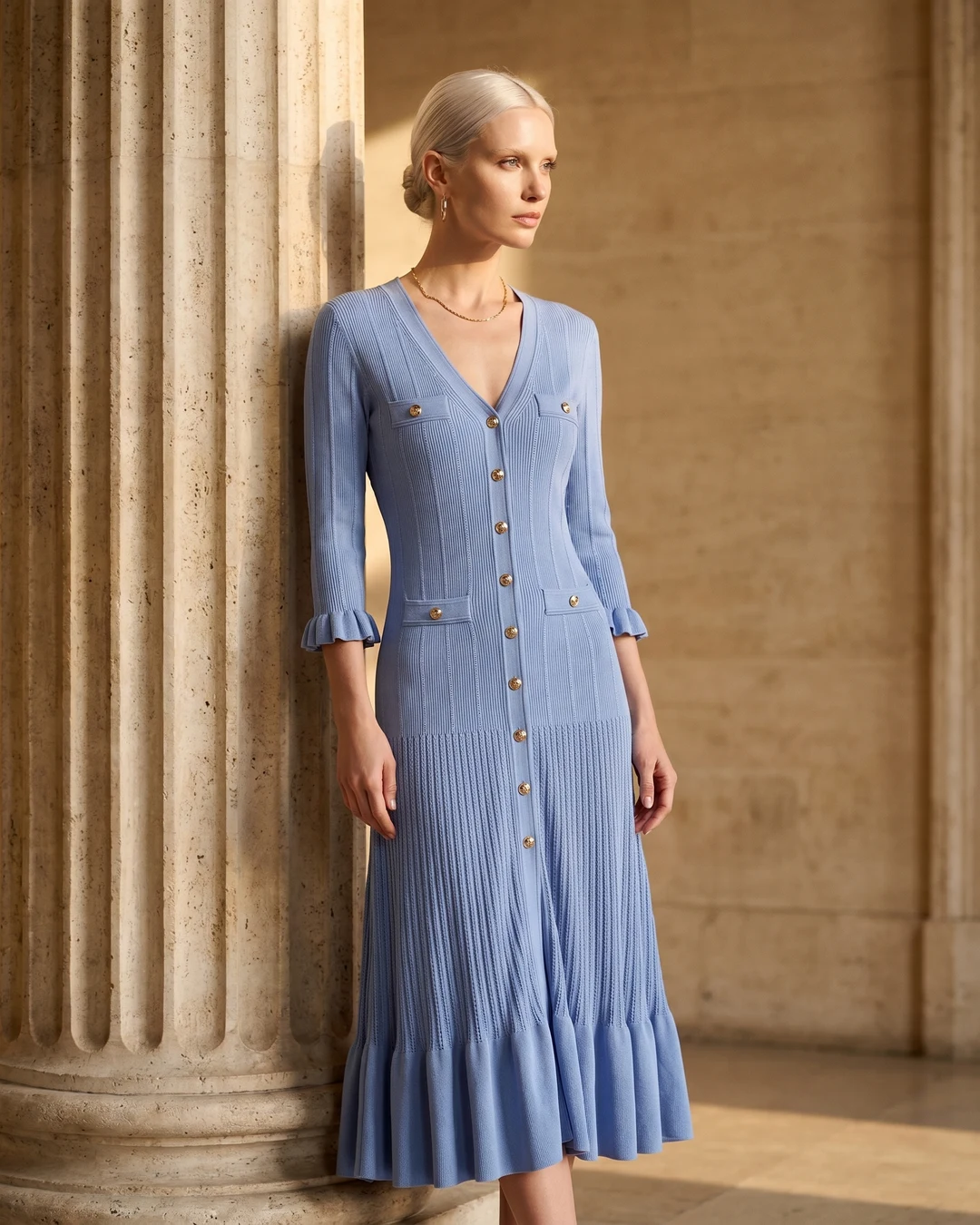 Hortensia Single-Breasted Ribbed Viscose-Knit Column Dress in Cobalto — Hugo Caesar Tassi