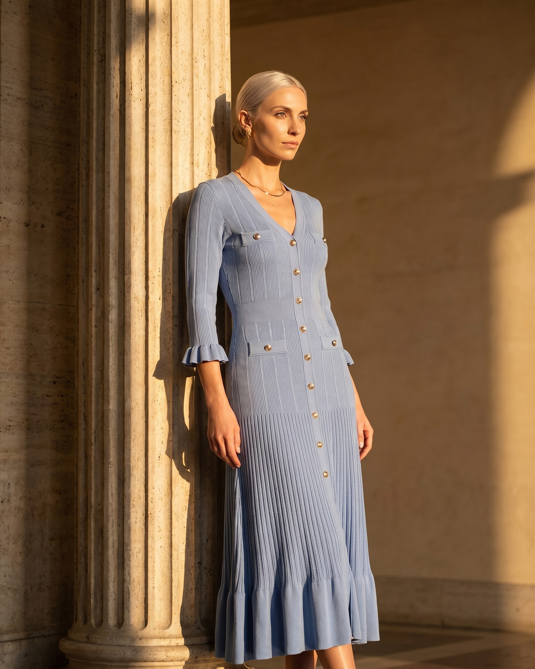 Editorial portrait of the Hugo Caesar Tassi Hortensia ribbed viscose-knit column dress in soft Cobalto blue among Roman travertine columns in golden light