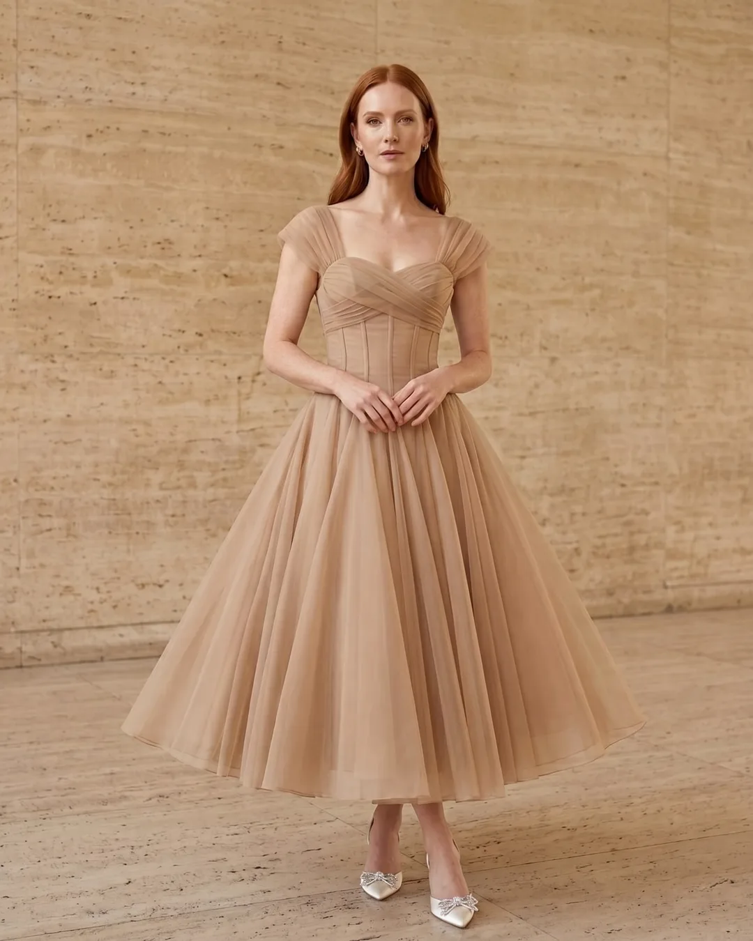 Julia French-Style Pleated Maxi Dress in Chiffon in Travertine — Hugo Caesar Tassi