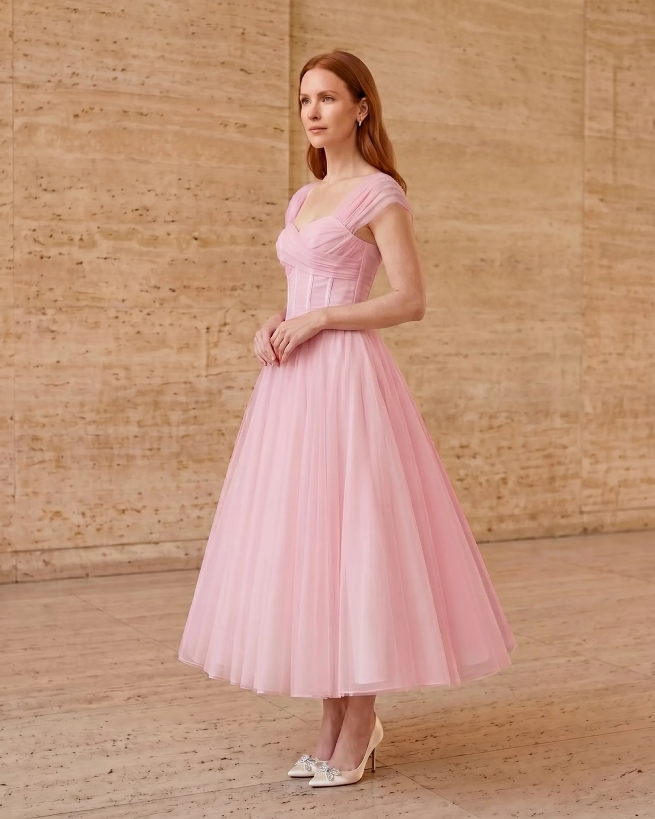 Julia French-Style Pleated Maxi Dress in Chiffon in Cipria — Hugo Caesar Tassi