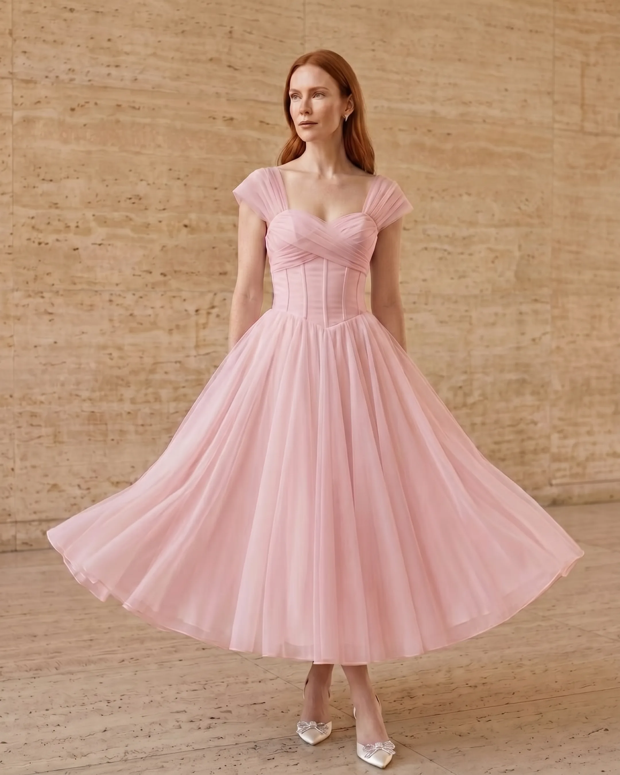 Julia French-Style Pleated Maxi Dress in Chiffon in Cipria — Hugo Caesar Tassi