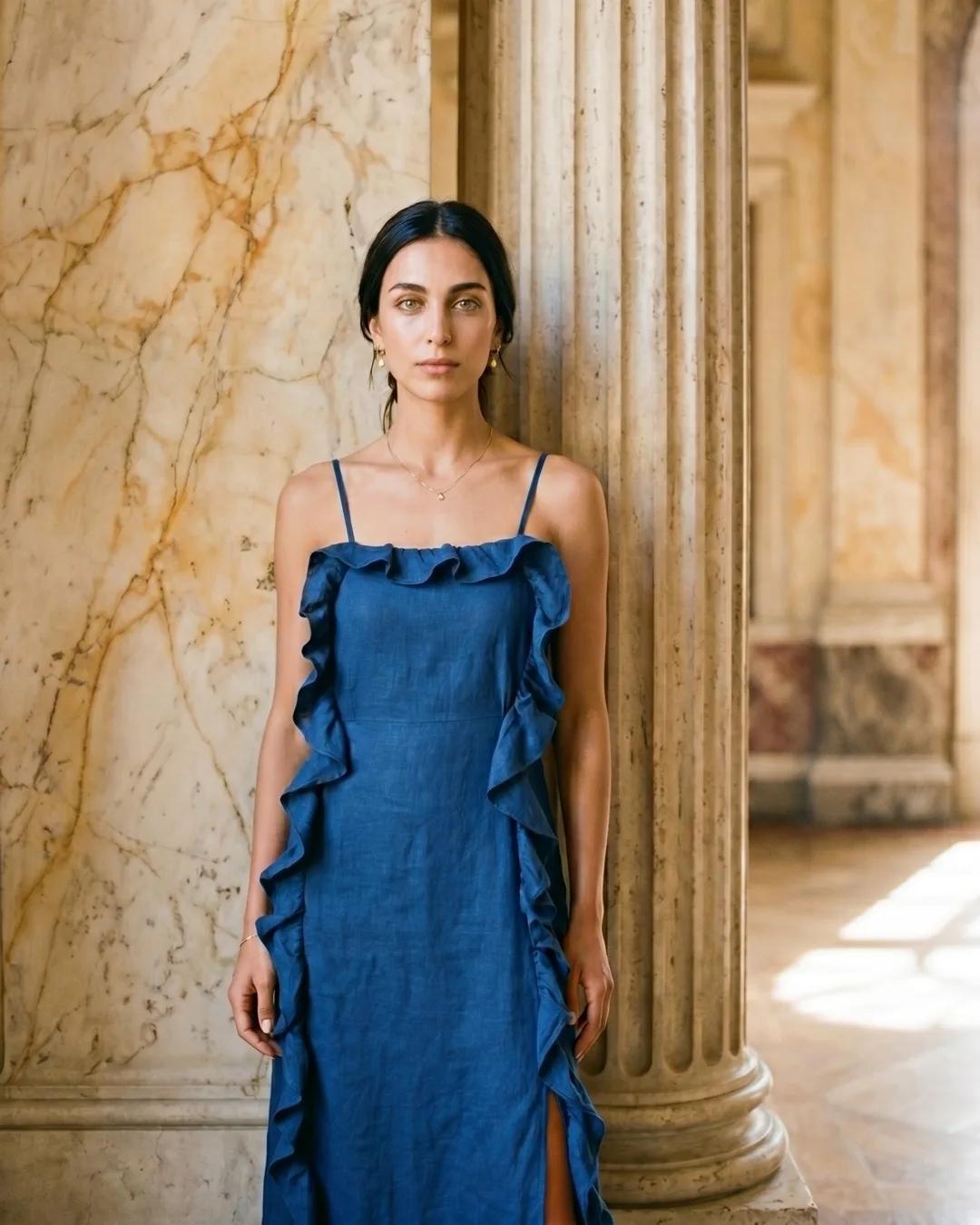 Junia Ruffle-Trim Slip Midi Dress in Crepe in Cobalto — Hugo Caesar Tassi