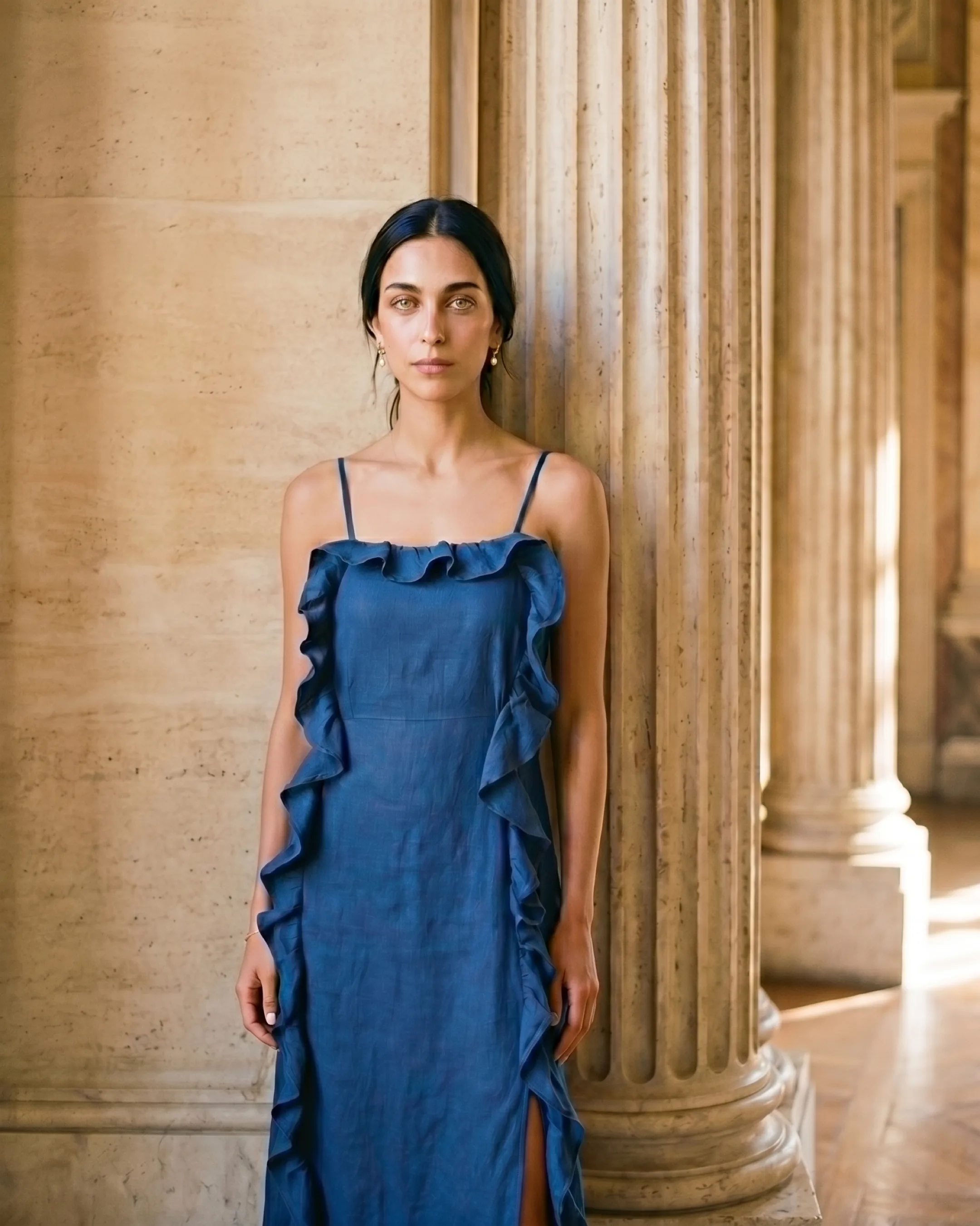 Editorial portrait of the Hugo Caesar Tassi Junia ruffle-trim slip midi dress in Cobalto among Roman travertine columns in golden light
