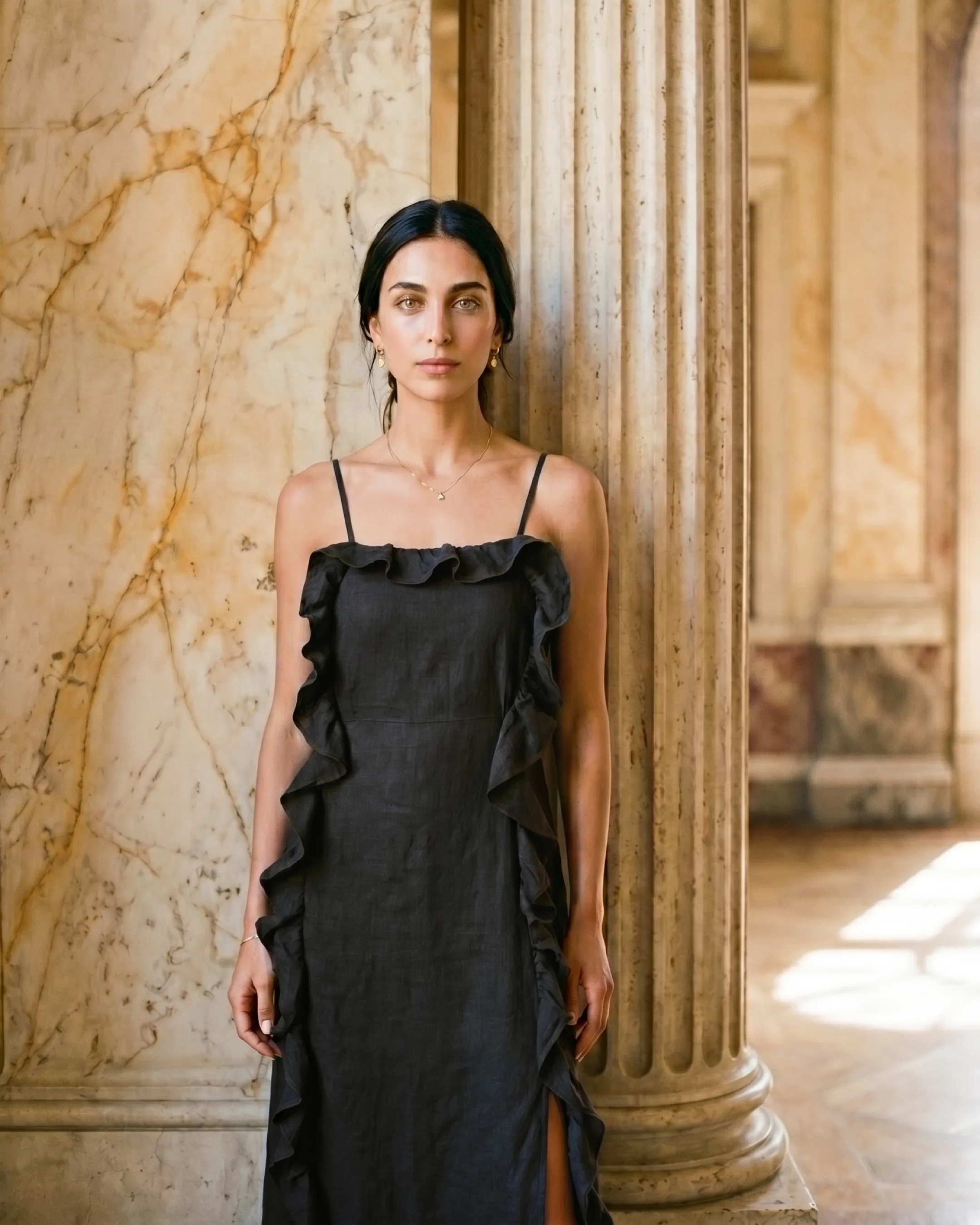 Junia Ruffle-Trim Slip Midi Dress in Crepe in Basalt — Hugo Caesar Tassi