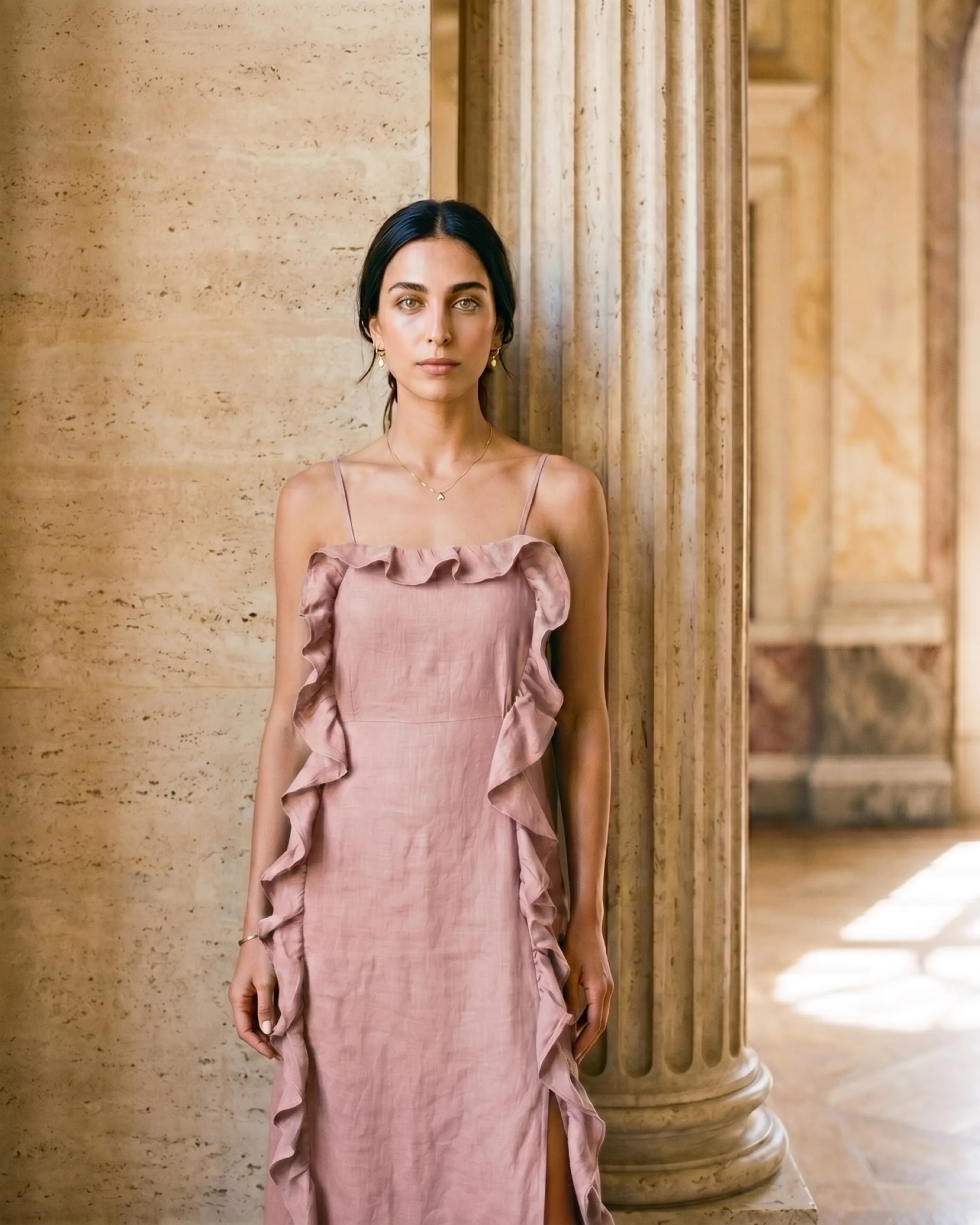 Junia Ruffle-Trim Slip Midi Dress in Crepe in Cipria — Hugo Caesar Tassi