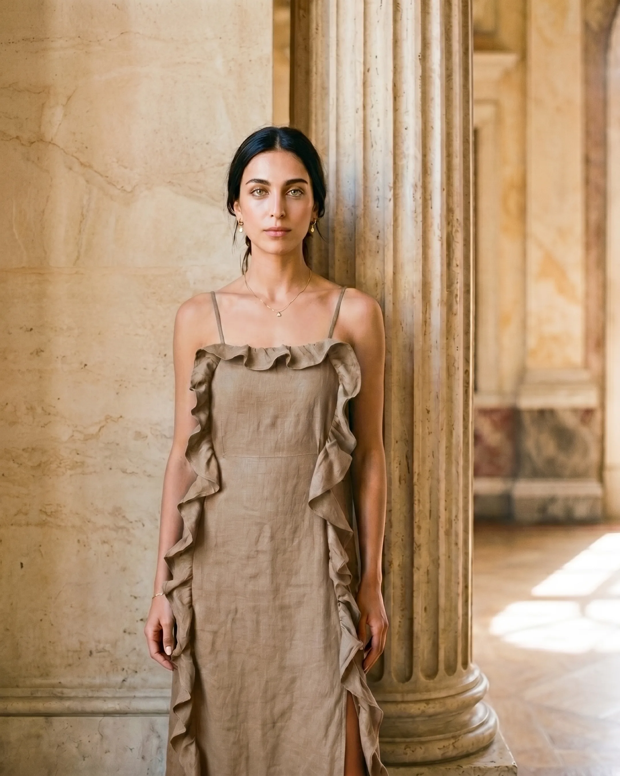 Junia Ruffle-Trim Slip Midi Dress in Crepe in Travertine — Hugo Caesar Tassi