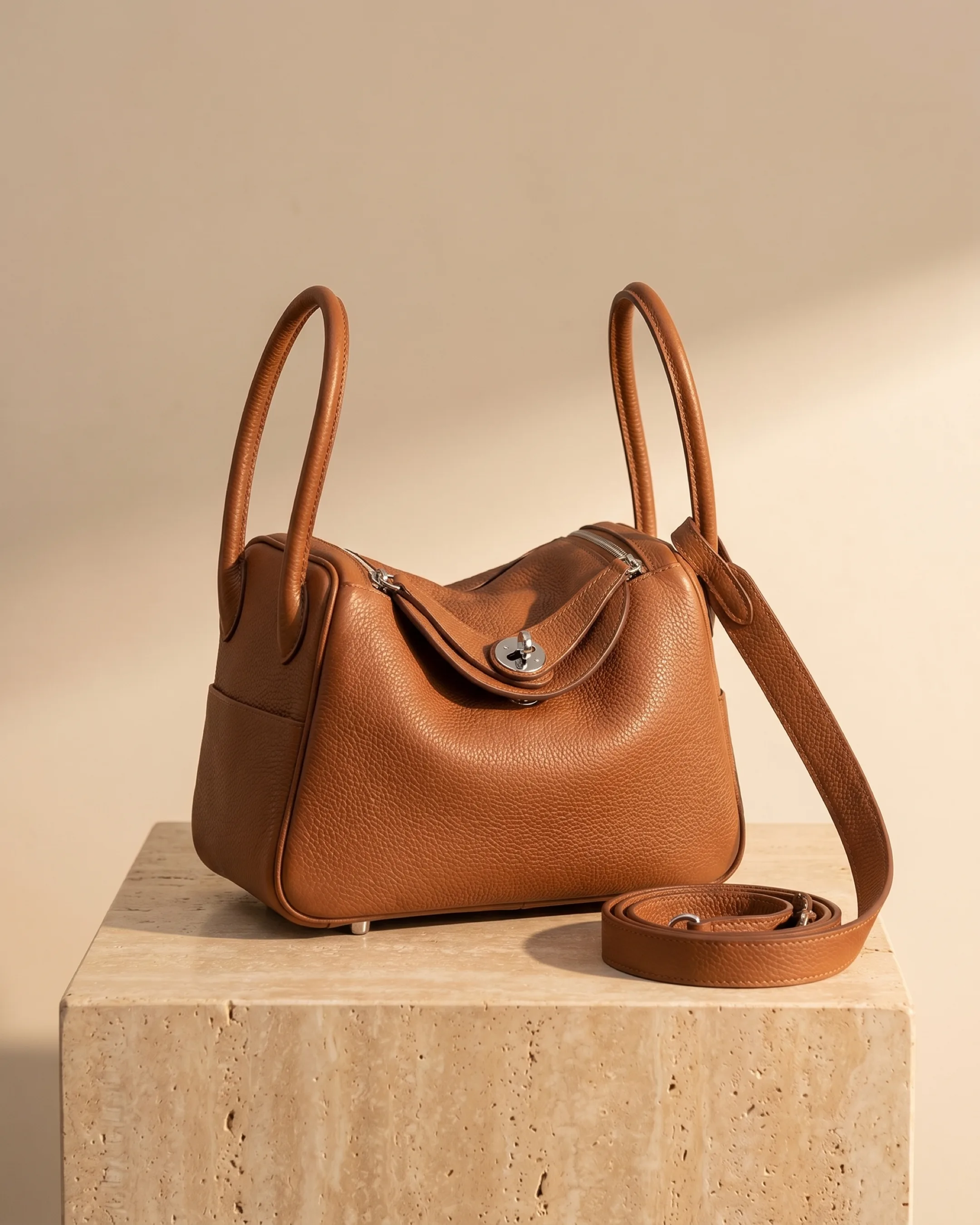Hugo Caesar Tassi Lanuvina soft two-handle leather handbag in Cuoio cognac pebble-grain cowhide with silver turn-lock, on a warm travertine pedestal