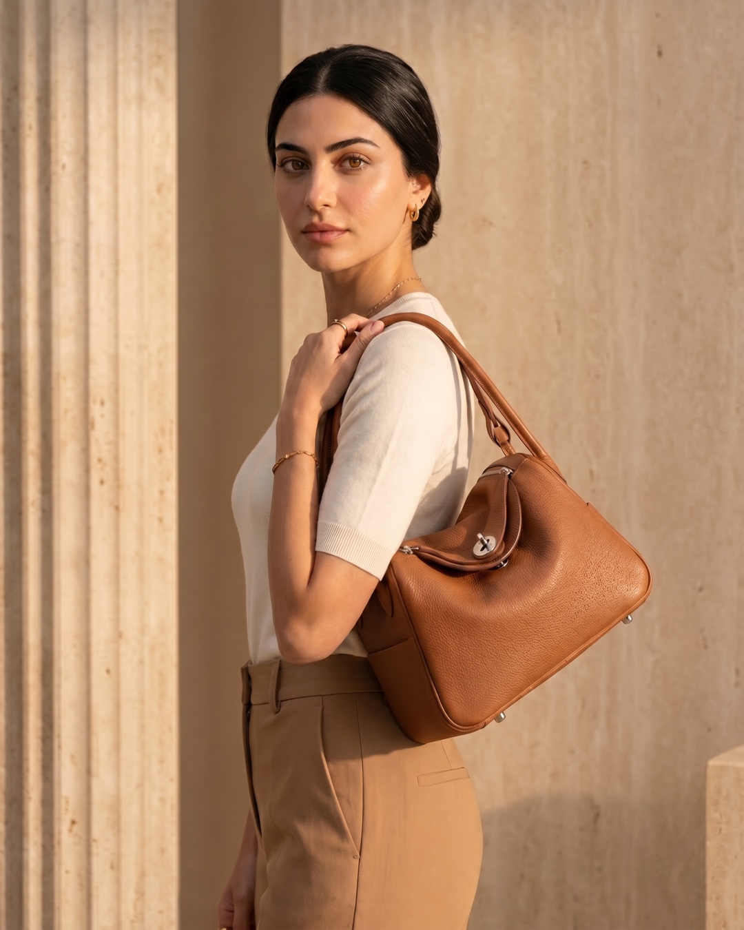 Hugo Caesar Tassi Lanuvina two-handle leather handbag carried on the shoulder by its rolled handles against a fluted travertine column