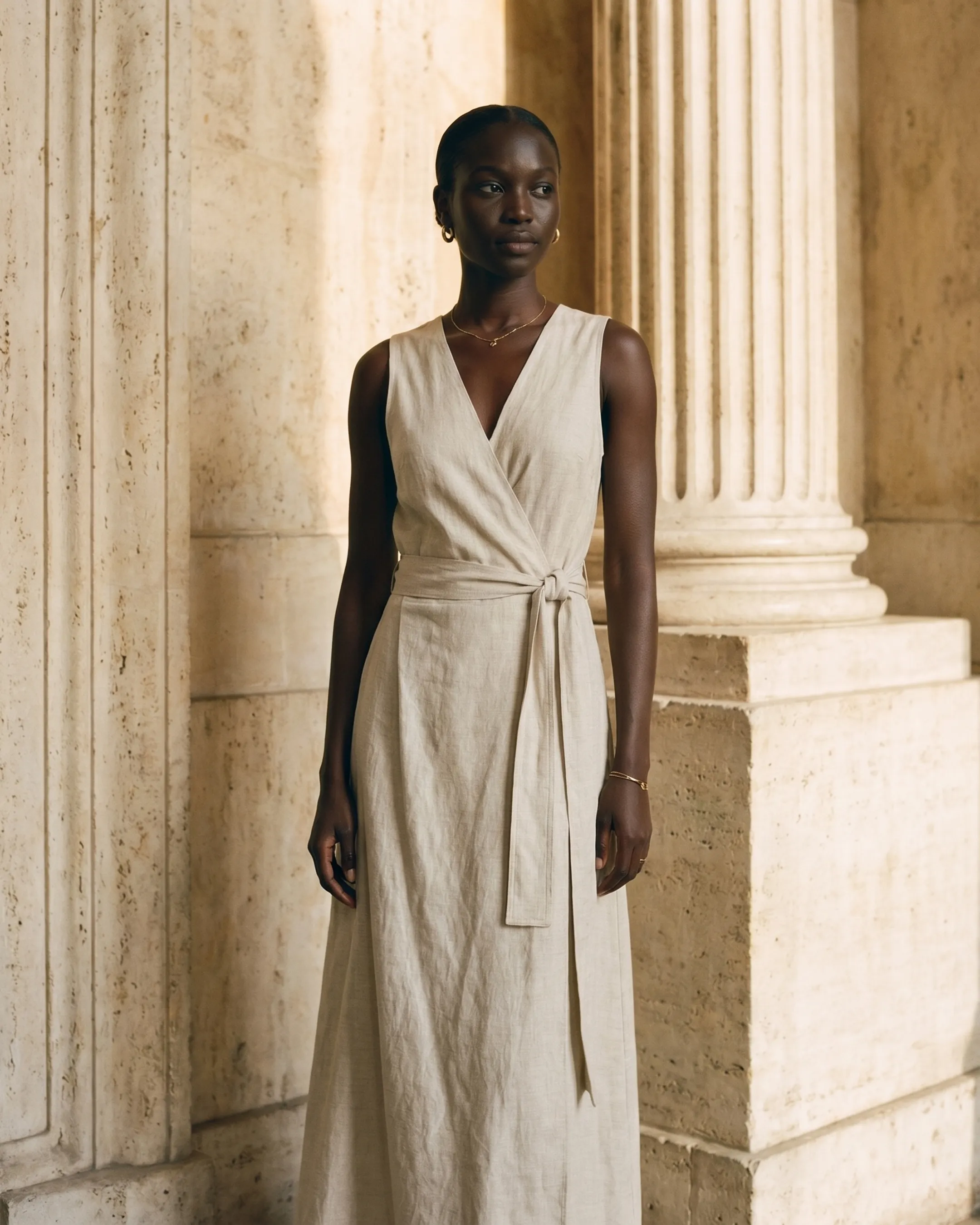 Hugo Caesar Tassi Lavinia sleeveless V-neck self-tie wrap dress in warm Avorio Tencel-linen, worn by a model beside a fluted column in a Roman travertine studio