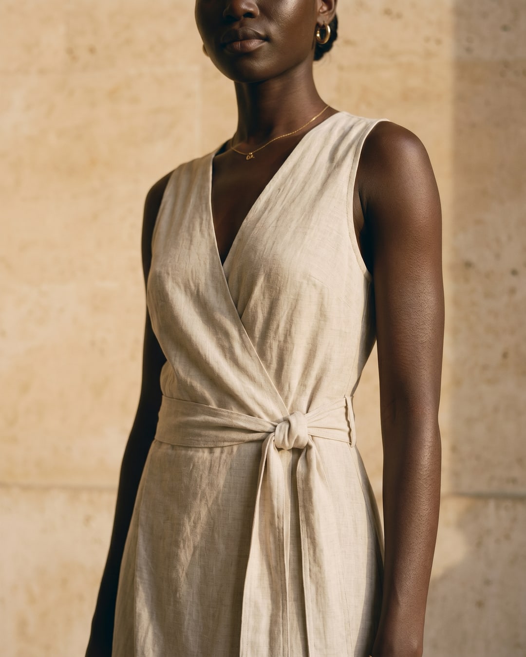 Detail of the Hugo Caesar Tassi Lavinia wrap dress in Avorio Tencel-linen, showing the deep V-neck faux-wrap bodice, sleeveless vest armhole and self-fabric tie knotted at the waist in a Roman travertine studio