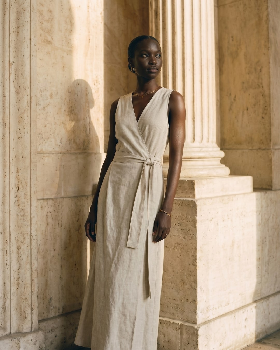 Editorial portrait of the Hugo Caesar Tassi Lavinia Tencel-linen wrap dress in Avorio, a model leaning on a fluted Roman travertine column in golden light
