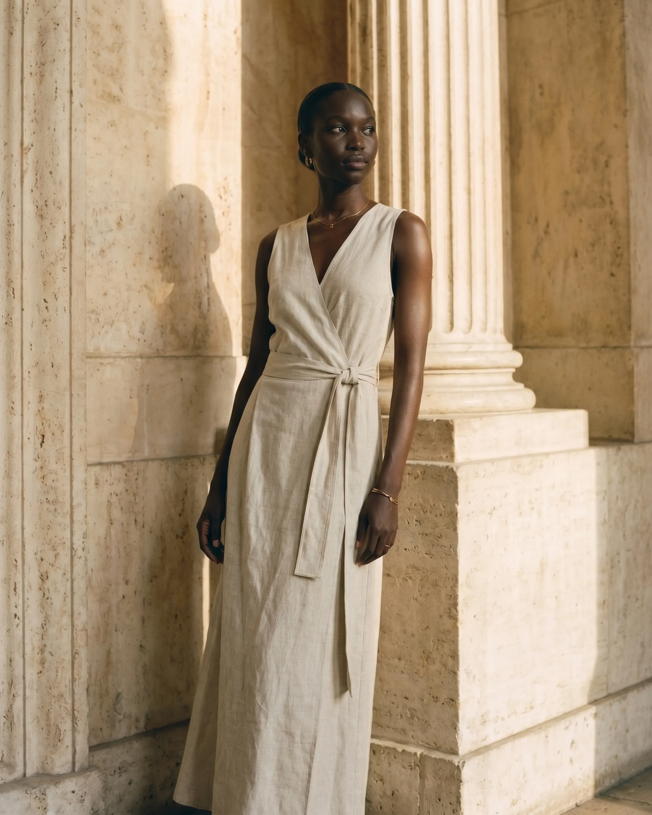 Editorial portrait of the Hugo Caesar Tassi Lavinia Tencel-linen wrap dress in Avorio, a model leaning on a fluted Roman travertine column in golden light