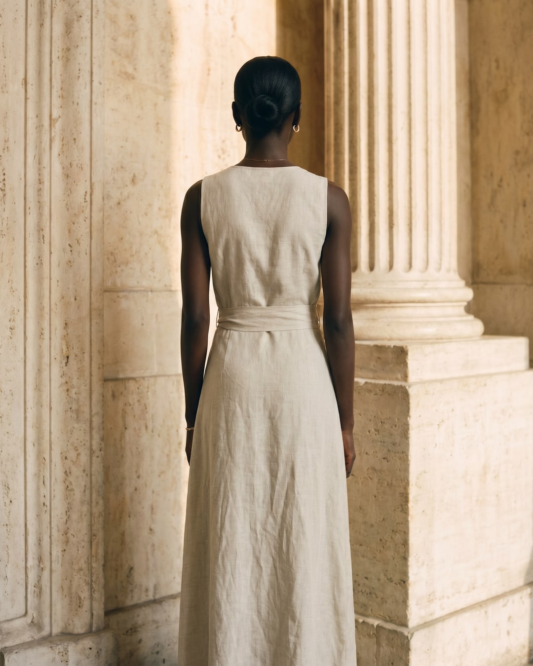 Full-length rear view of the Hugo Caesar Tassi Lavinia Tencel-linen wrap dress in Avorio, showing the clean back yoke, sleeveless vest armholes, wrapped self-tie sash and long A-line wrap skirt beside a Roman travertine column