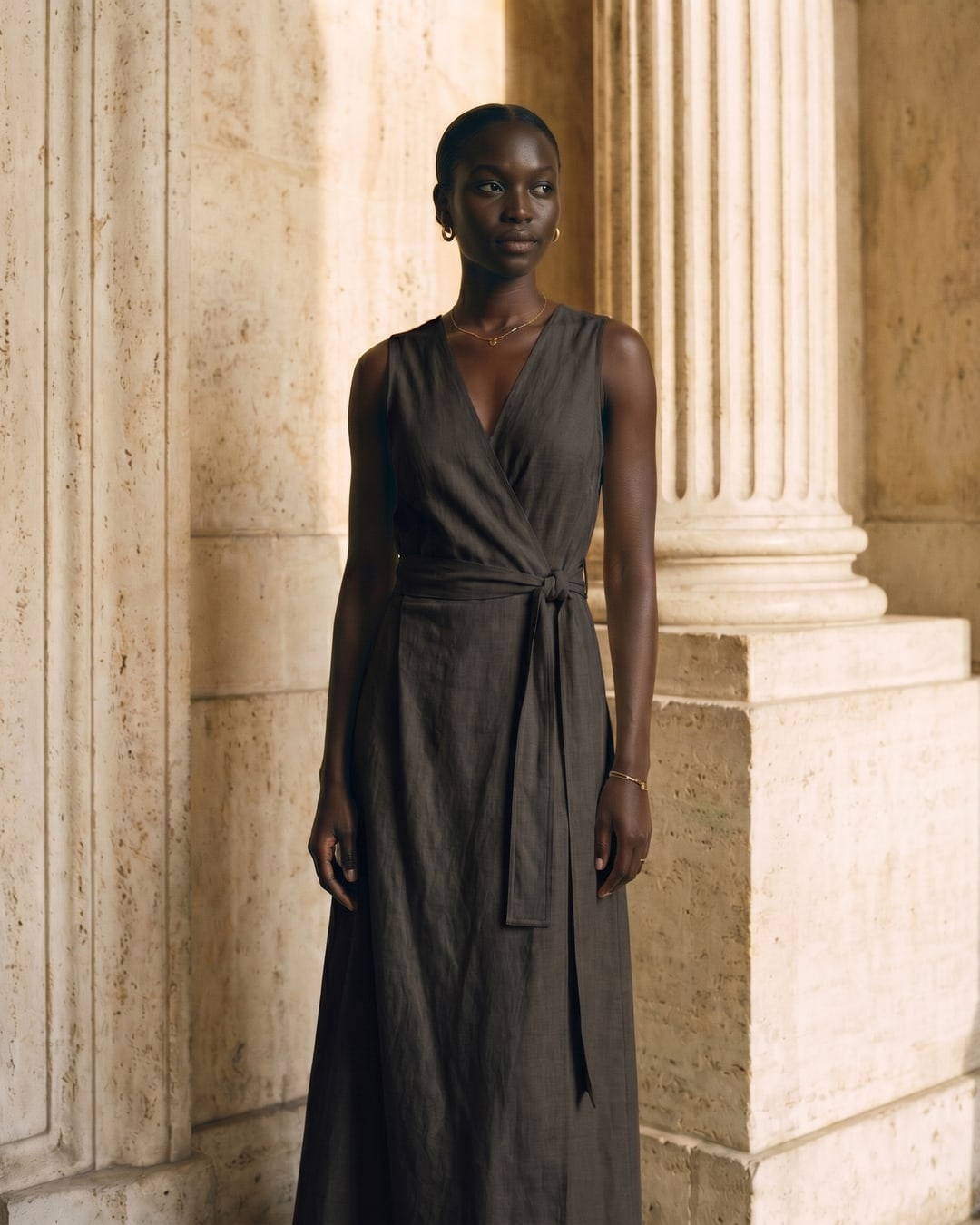 Lavinia Sleeveless V-Neck Self-Tie Wrap Dress in Tencel-Linen in Basalt — Hugo Caesar Tassi