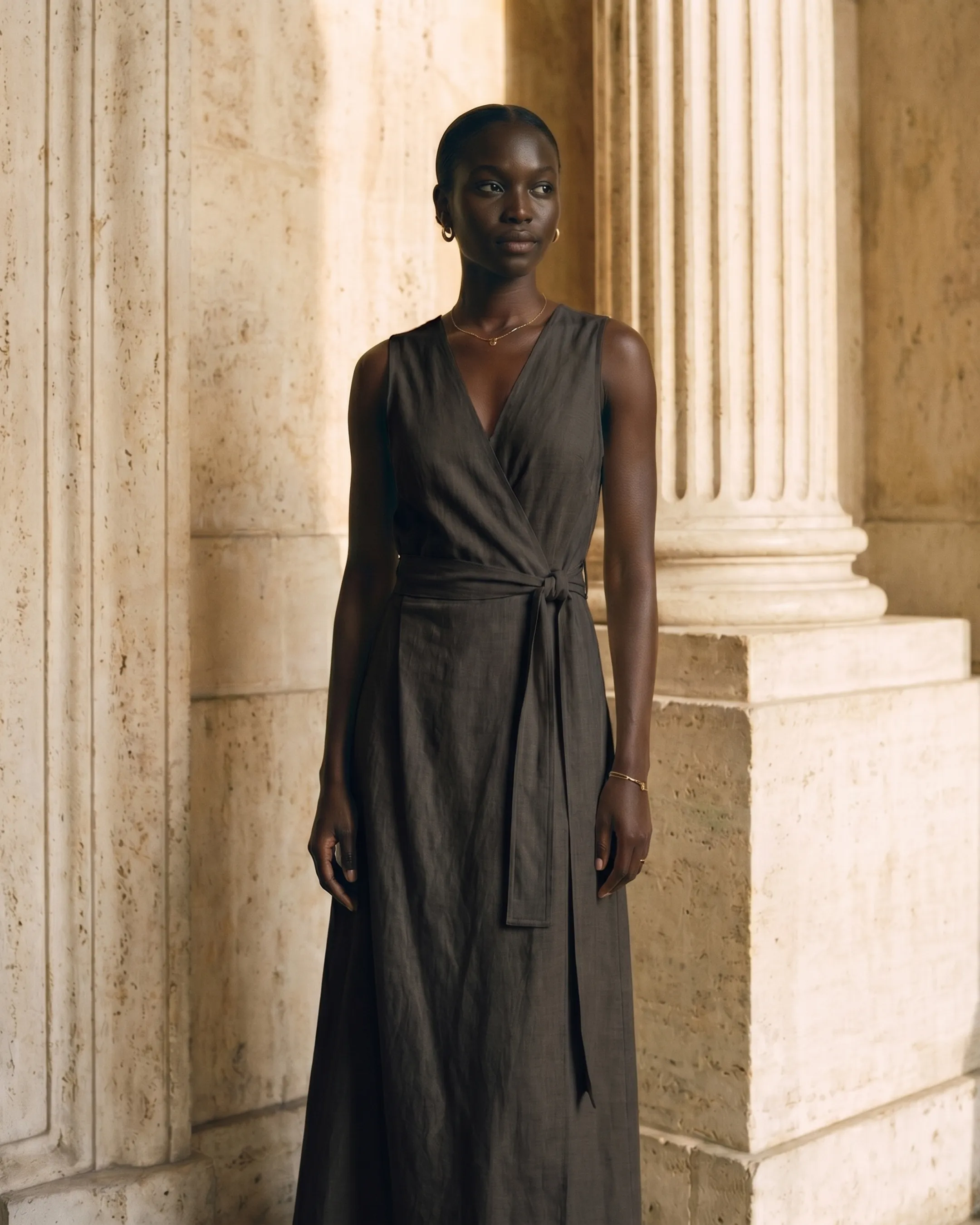 Lavinia Sleeveless V-Neck Self-Tie Wrap Dress in Tencel-Linen in Basalt — Hugo Caesar Tassi